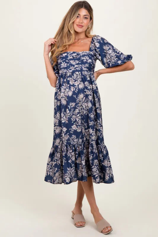 Light Navy Floral Pleated Bodice Maternity Midi Dress sold by Pinkblush