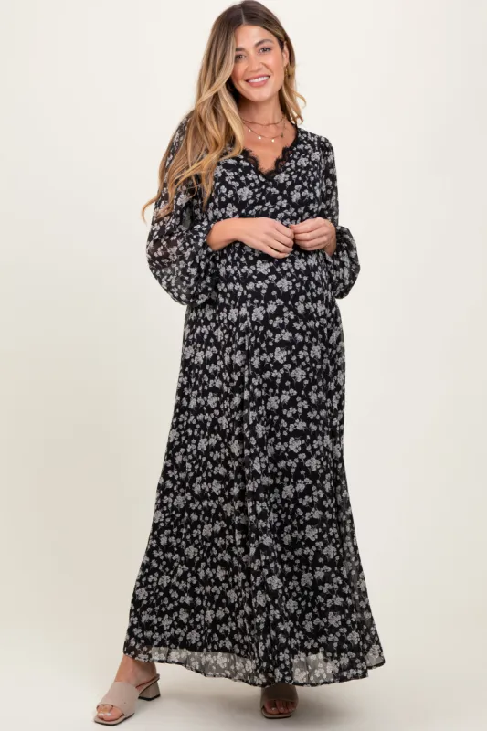 Black Floral Chiffon Lace Trim Back Tie Maternity Maxi Dress sold by Pinkblush