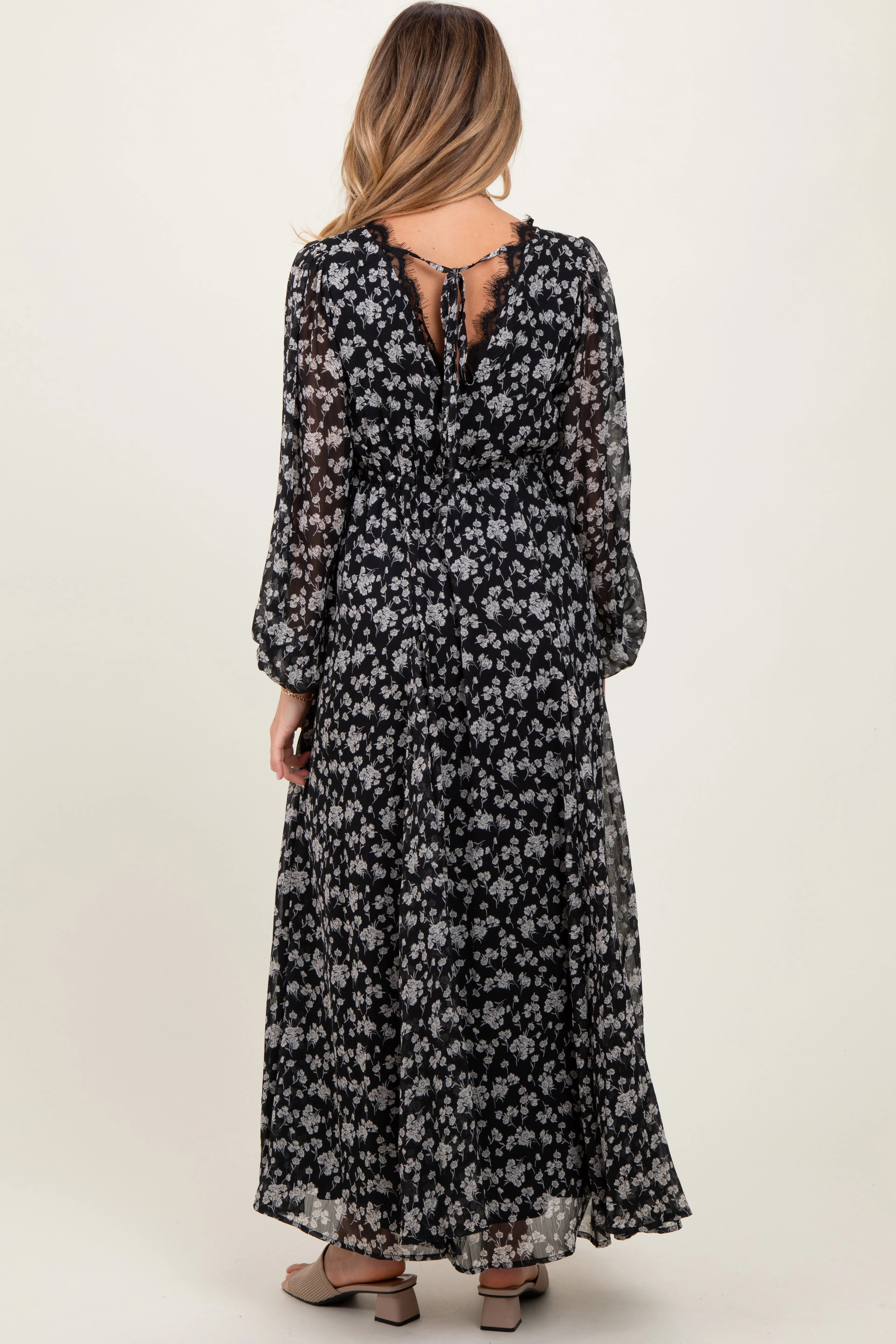 Black Floral Chiffon Lace Trim Back Tie Maternity Maxi Dress sold by Pinkblush product image thumbnail 3