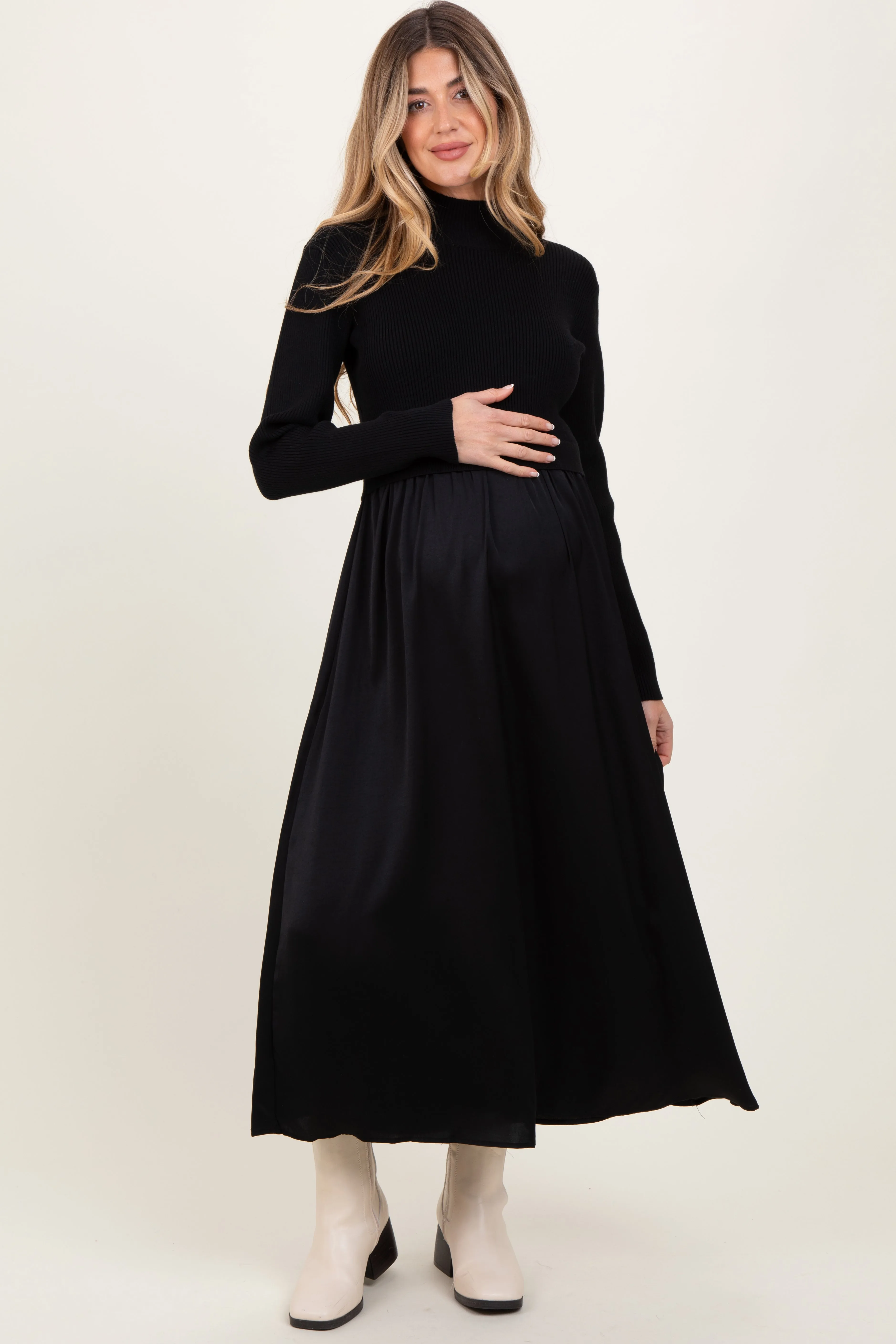 Black Knit Contrast Top Satin Maternity Midi Dress sold by Pinkblush product image thumbnail 2