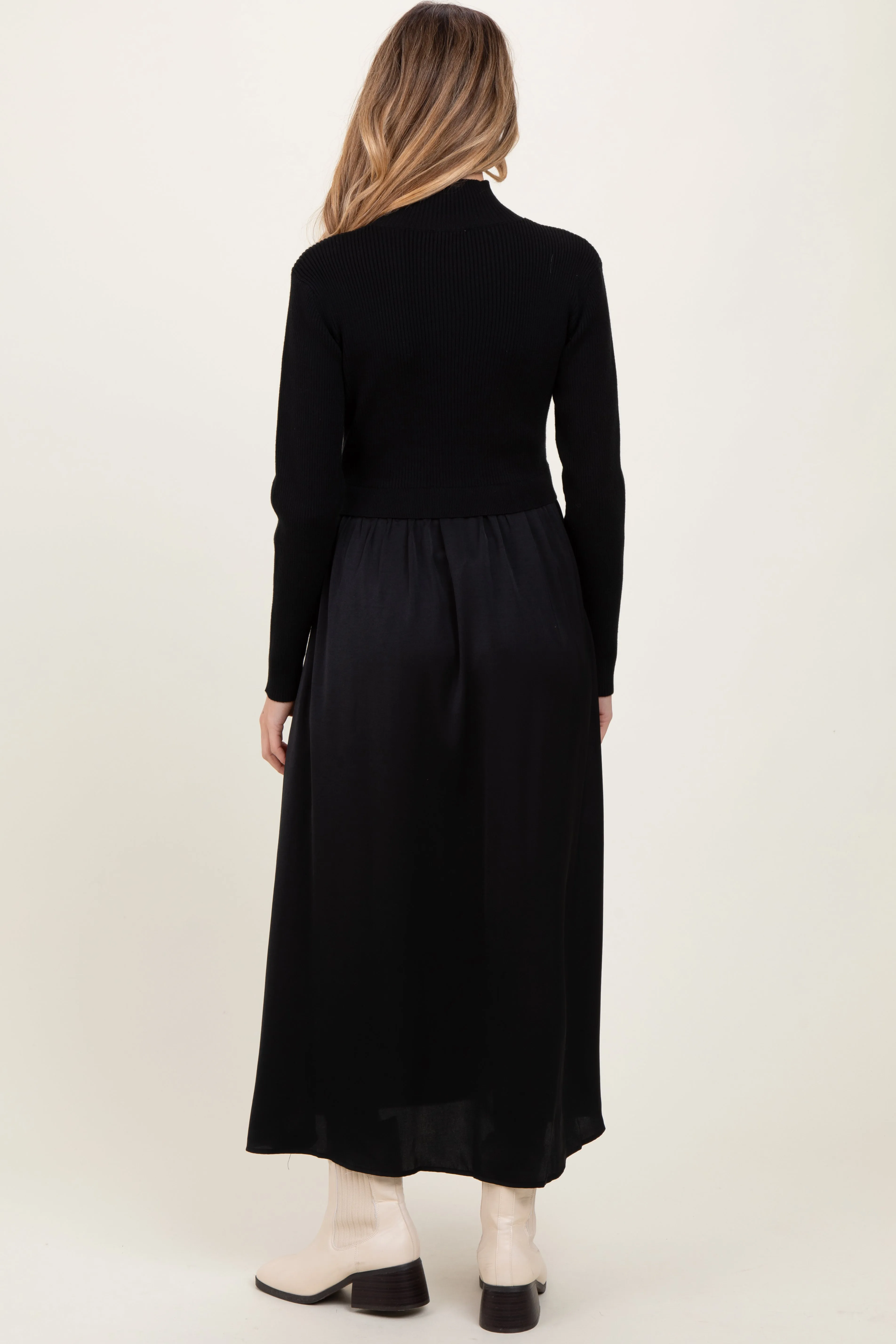 Black Knit Contrast Top Satin Maternity Midi Dress sold by Pinkblush product image thumbnail 3