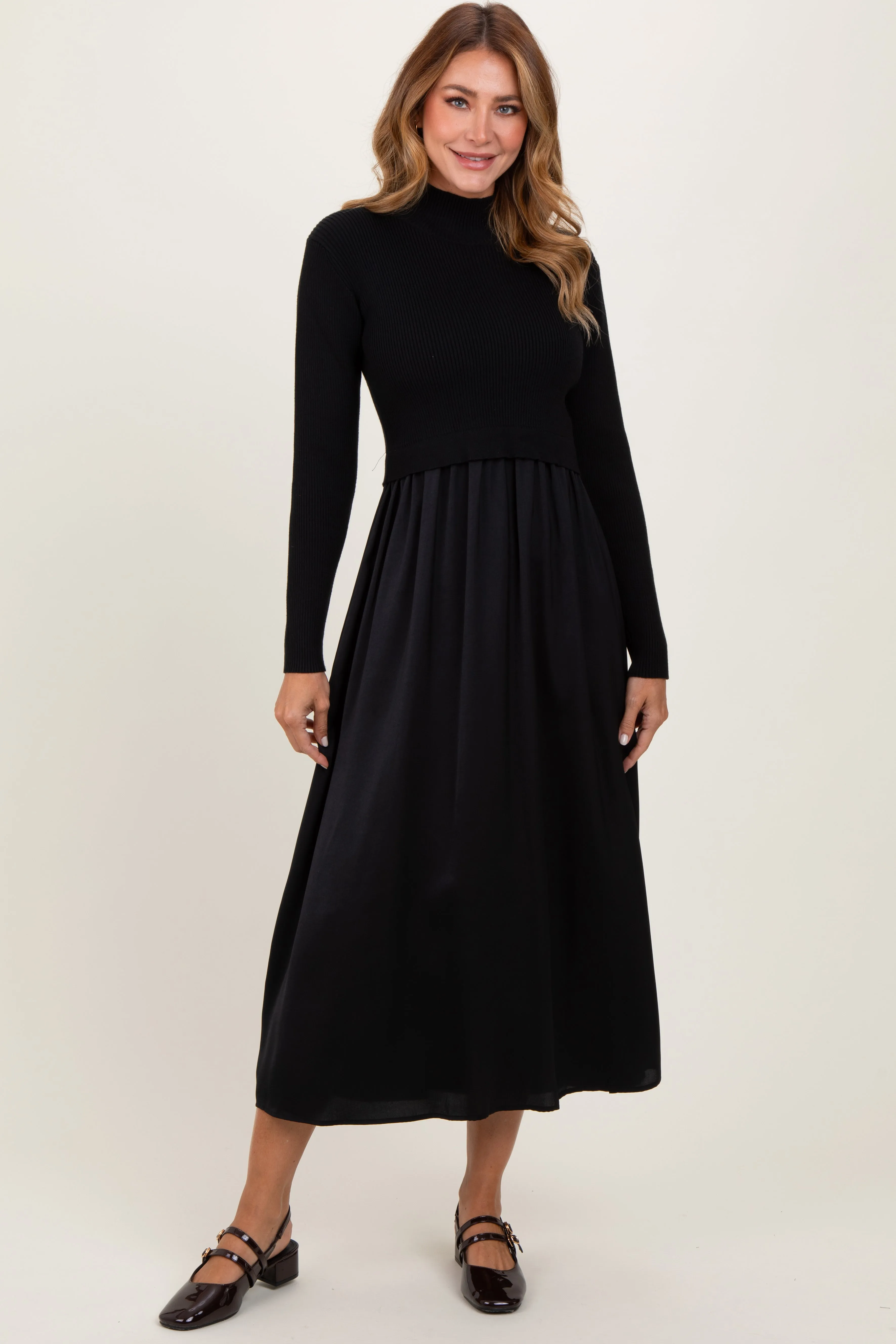 Black Knit Contrast Top Satin Maternity Midi Dress sold by Pinkblush product image thumbnail 4