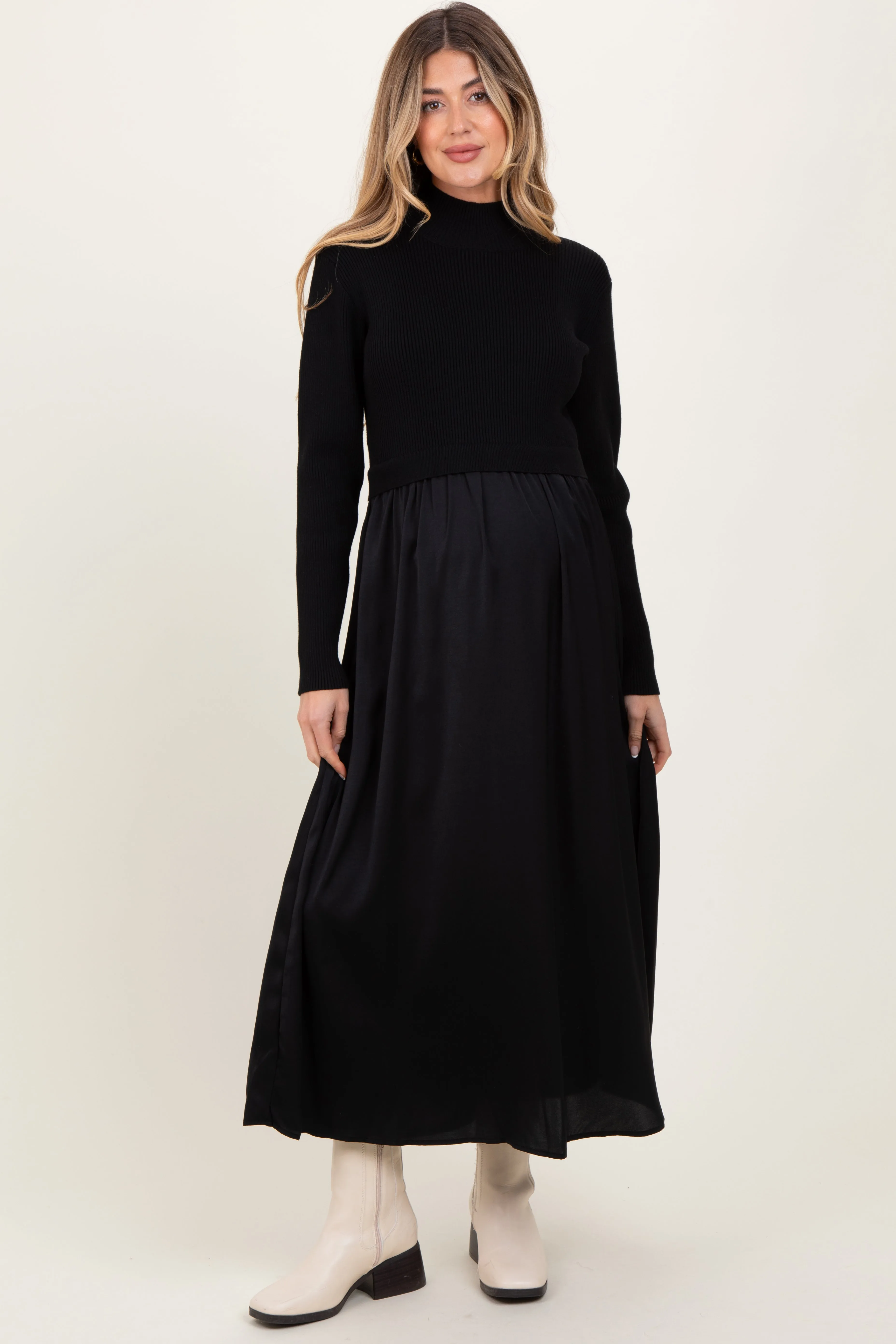 Black Knit Contrast Top Satin Maternity Midi Dress sold by Pinkblush