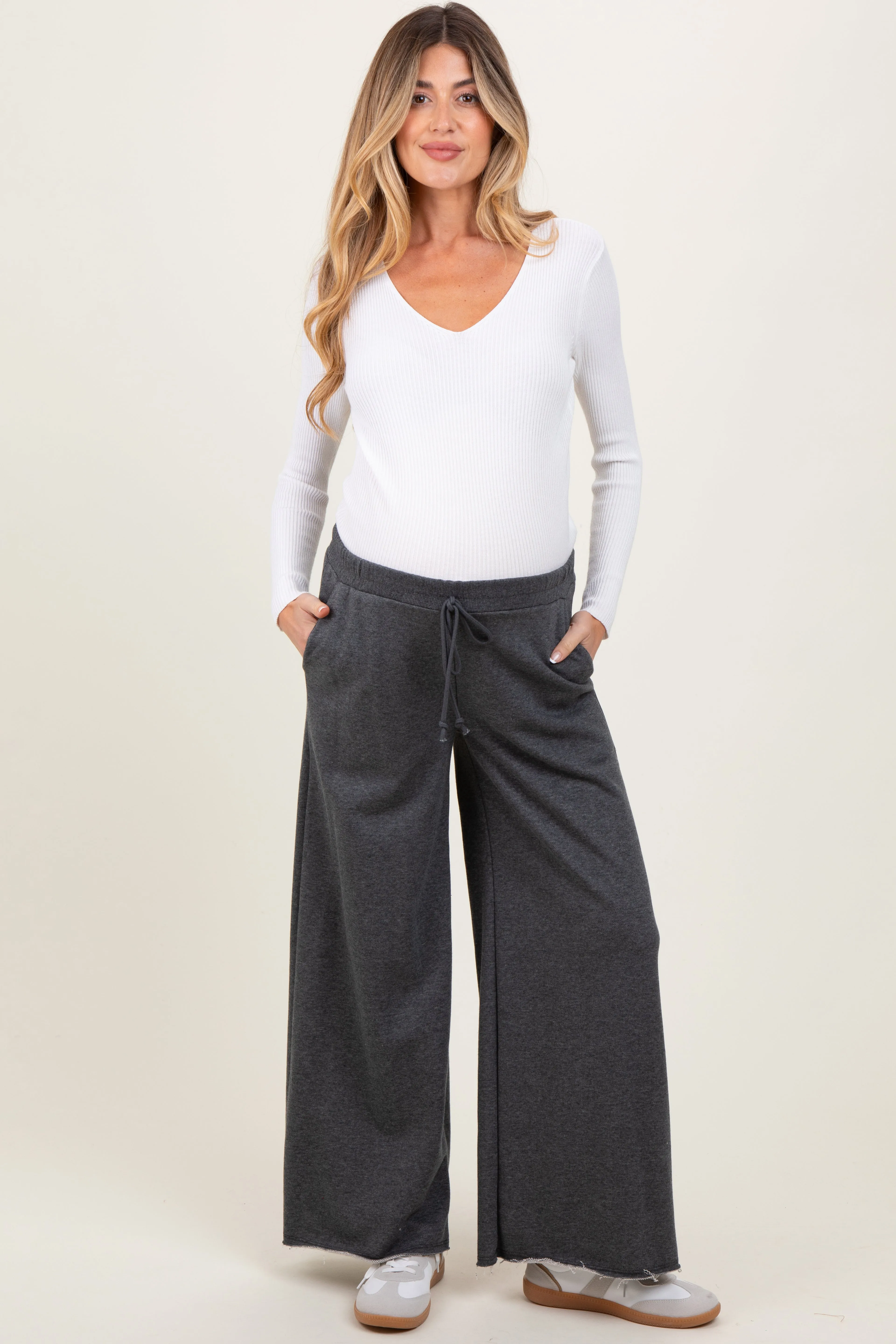 Charcoal French Terry Raw Edge Maternity Wide Leg Pants sold by Pinkblush