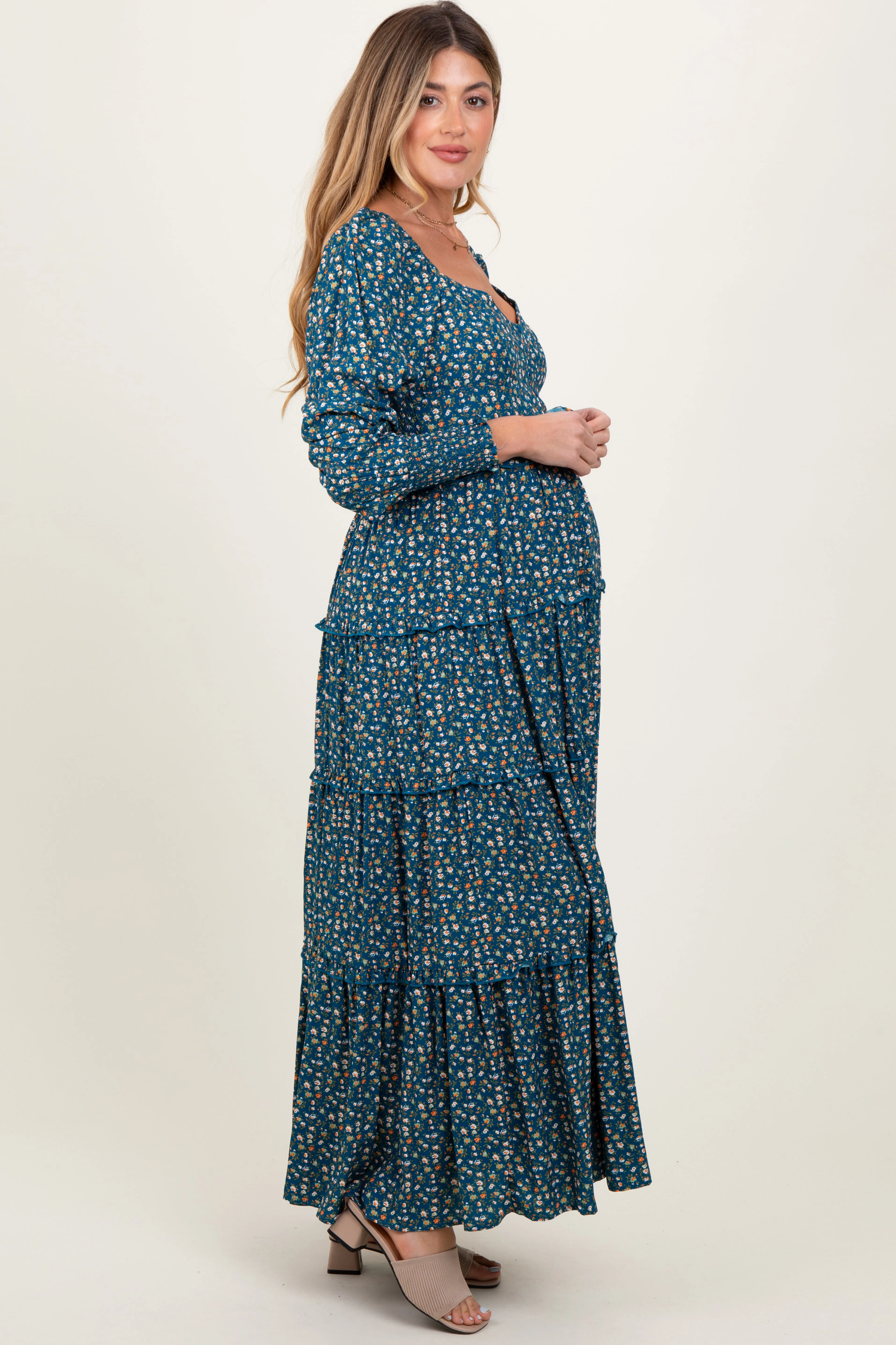 Teal Floral Button Accent Bodice Tiered Maternity Maxi Dress sold by Pinkblush product image thumbnail 3