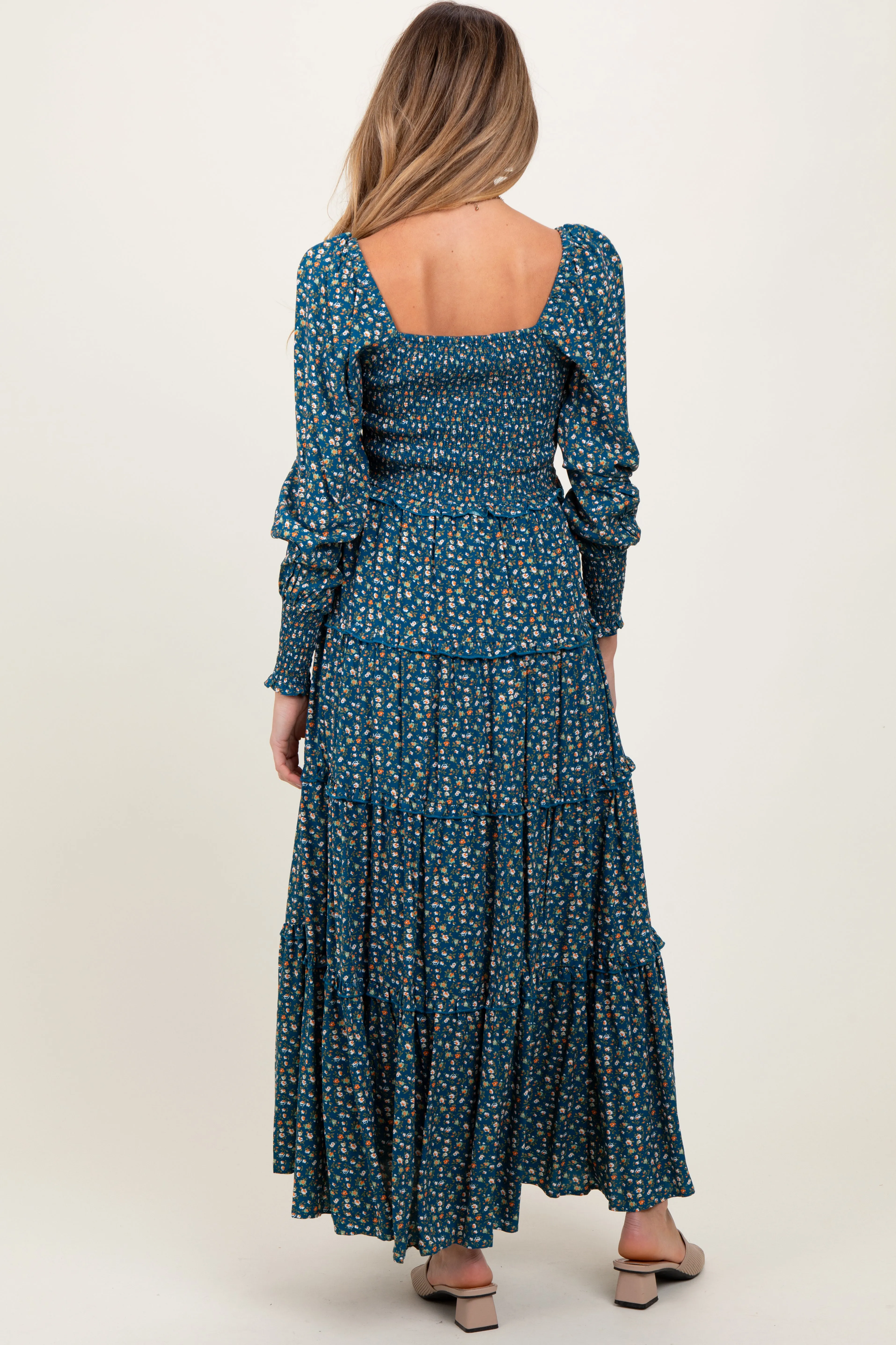 Teal Floral Button Accent Bodice Tiered Maternity Maxi Dress sold by Pinkblush product image thumbnail 4