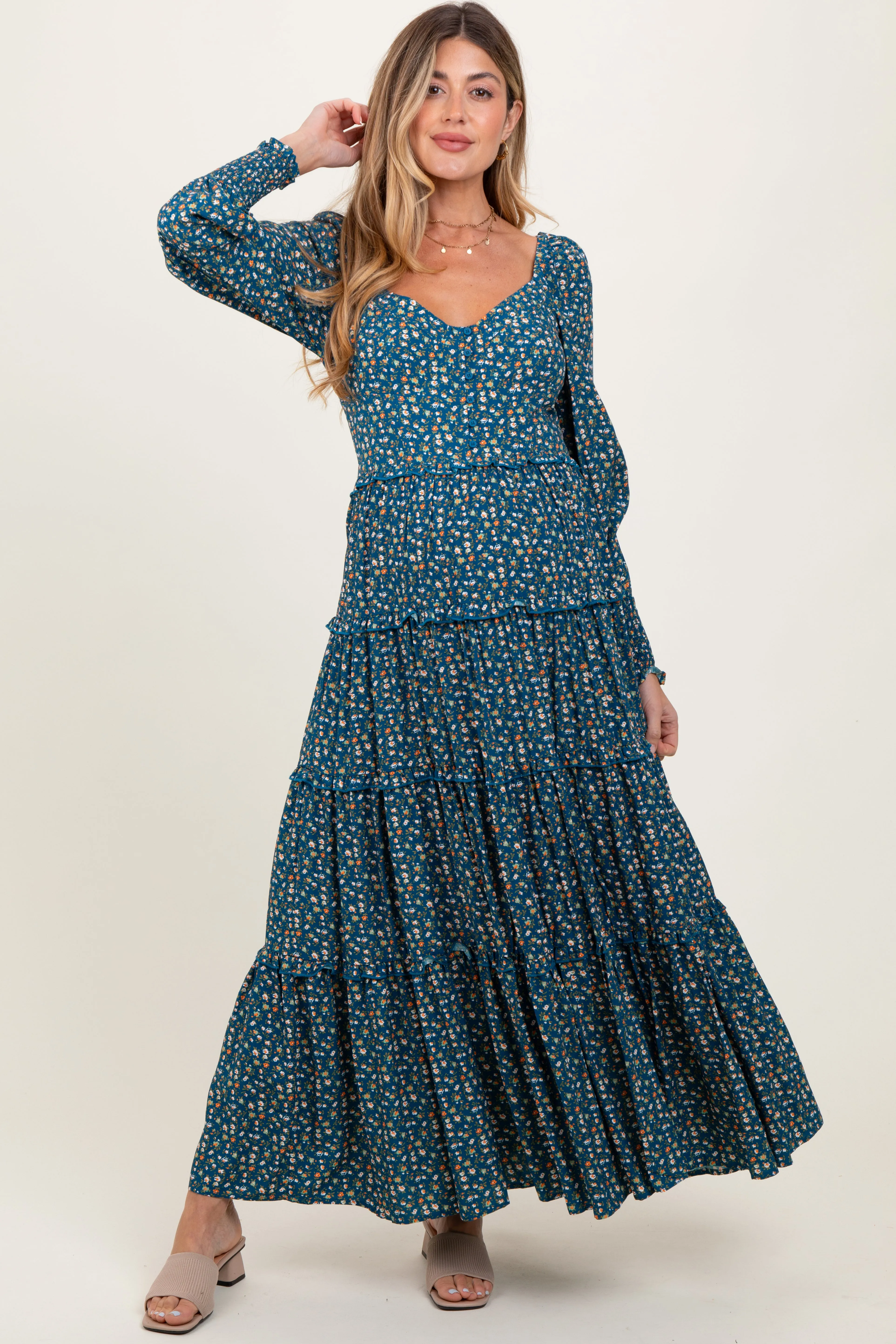 Teal Floral Button Accent Bodice Tiered Maternity Maxi Dress sold by Pinkblush