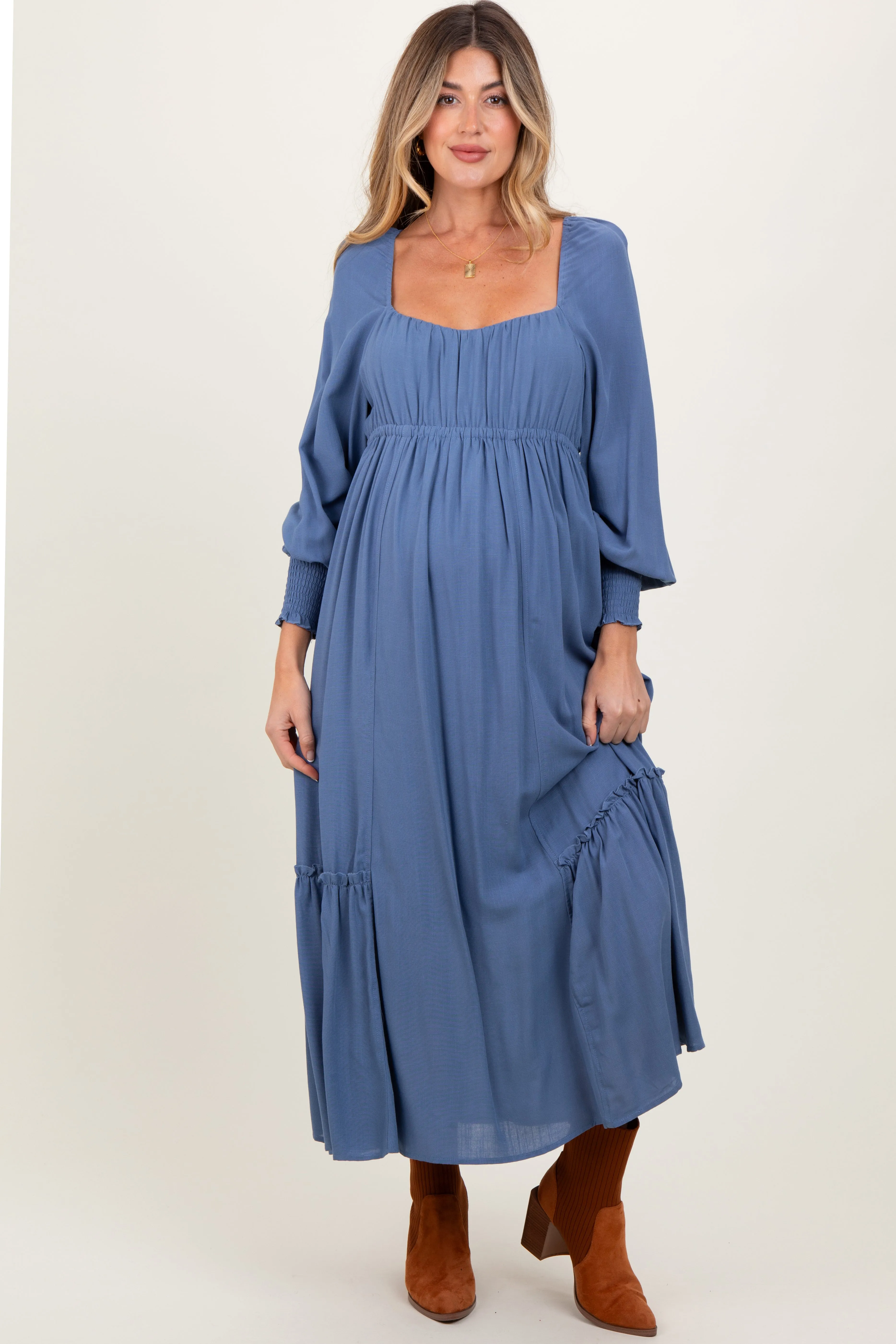 Blue Square Neckline Bubble Sleeve Maternity Maxi Dress sold by Pinkblush product image thumbnail 2