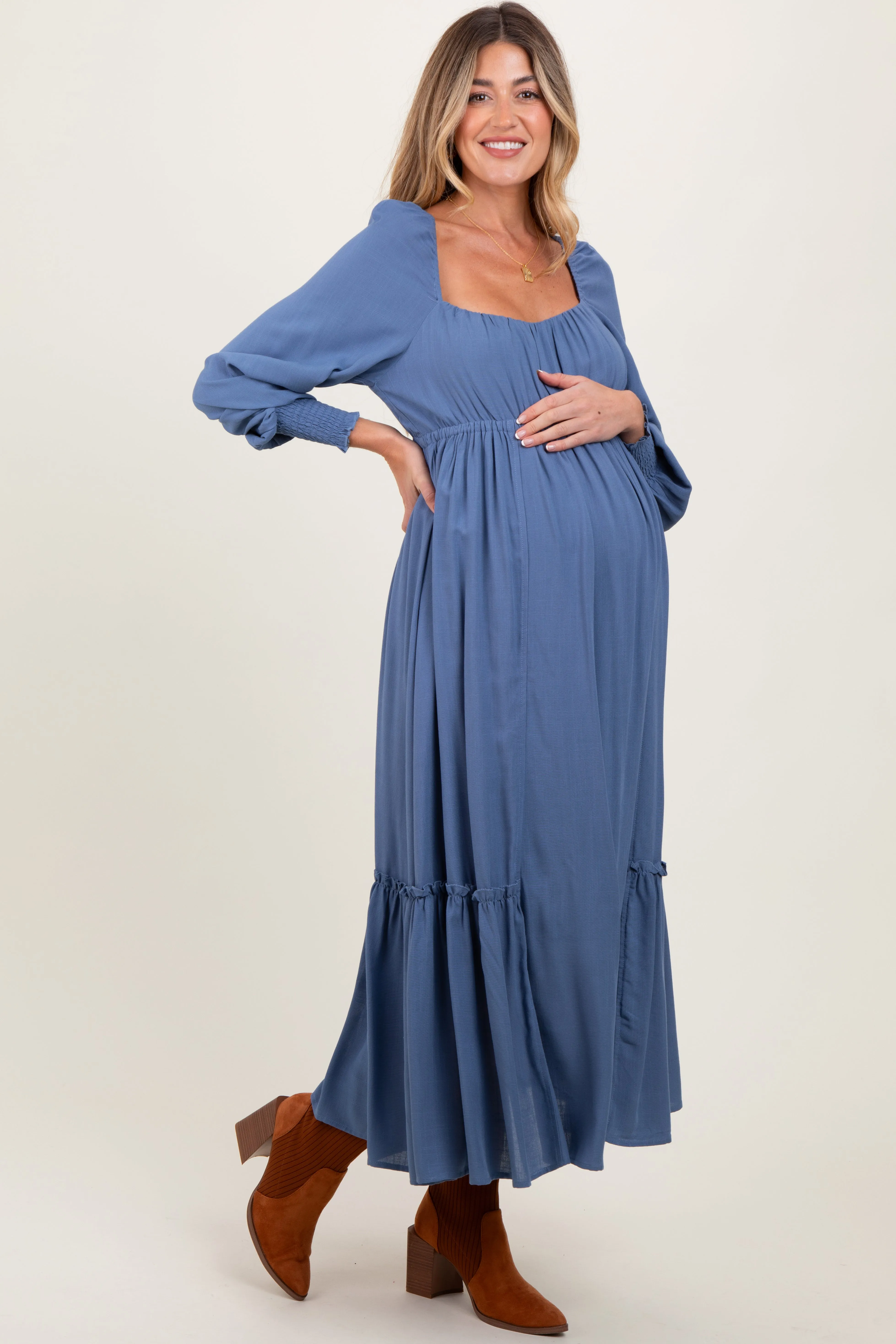 Blue Square Neckline Bubble Sleeve Maternity Maxi Dress sold by Pinkblush product image thumbnail 3