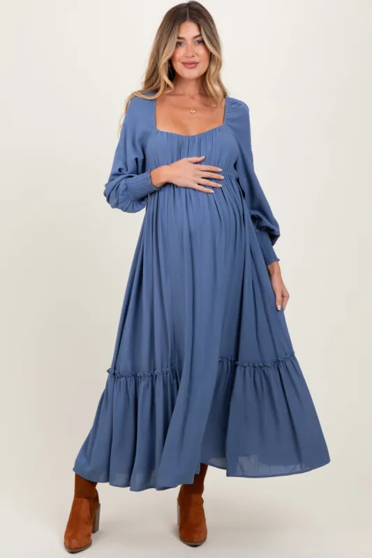 Blue Square Neckline Bubble Sleeve Maternity Maxi Dress sold by Pinkblush