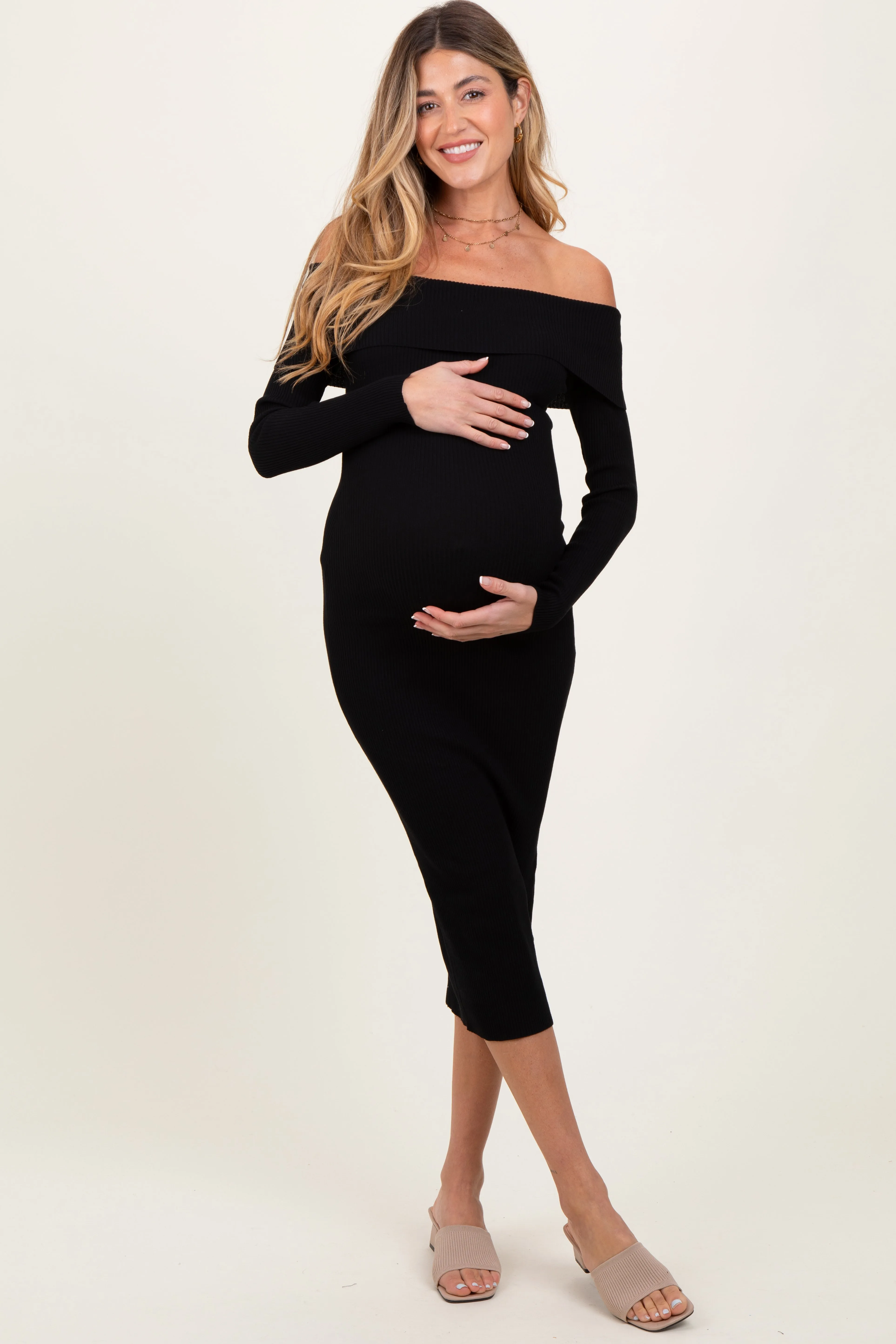 Black Ribbed Knit Off Shoulder Fold Over Maternity Midi Dress sold by Pinkblush product image thumbnail 2