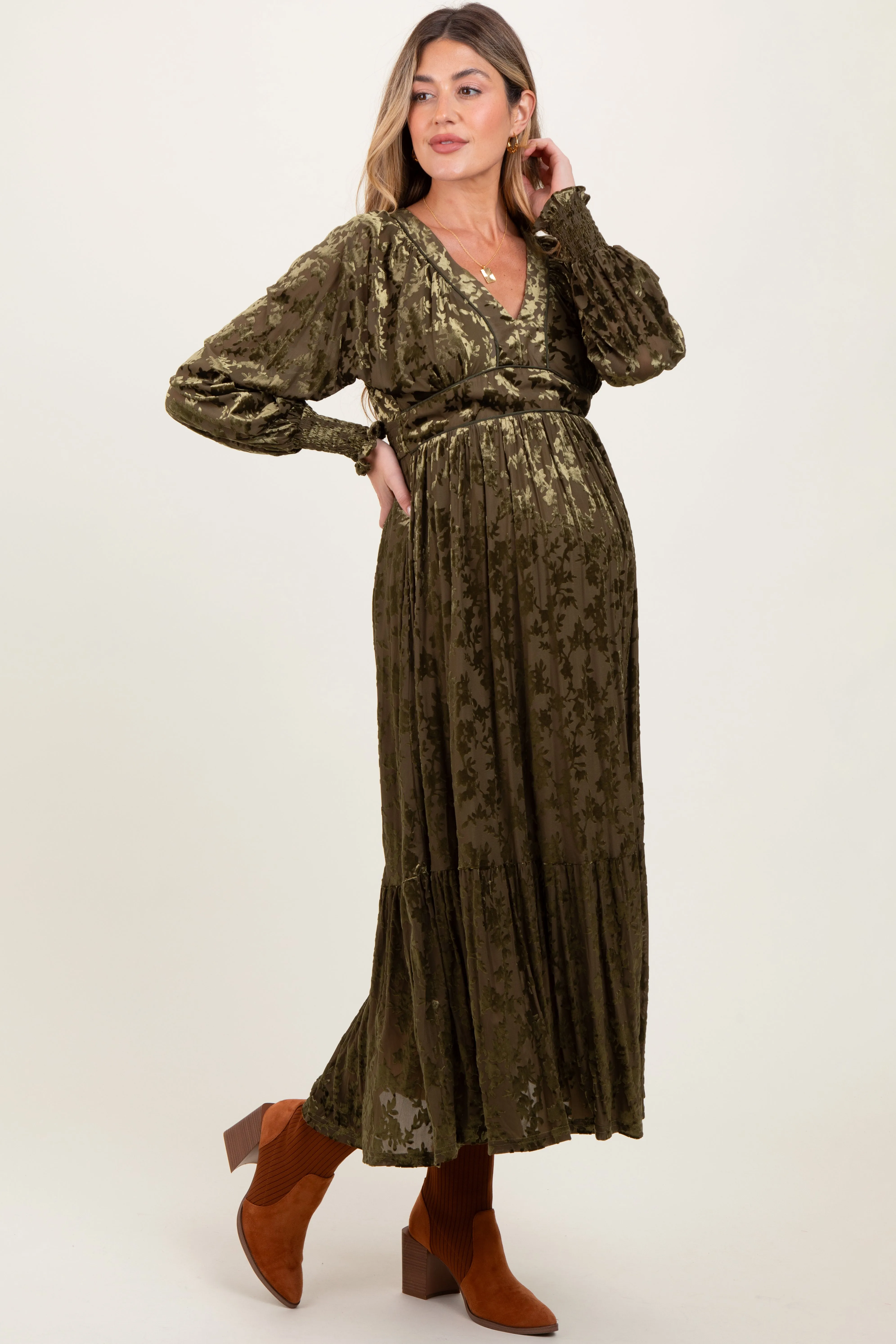 Olive Floral Velvet Overlay Maternity Maxi Dress sold by Pinkblush product image thumbnail 3
