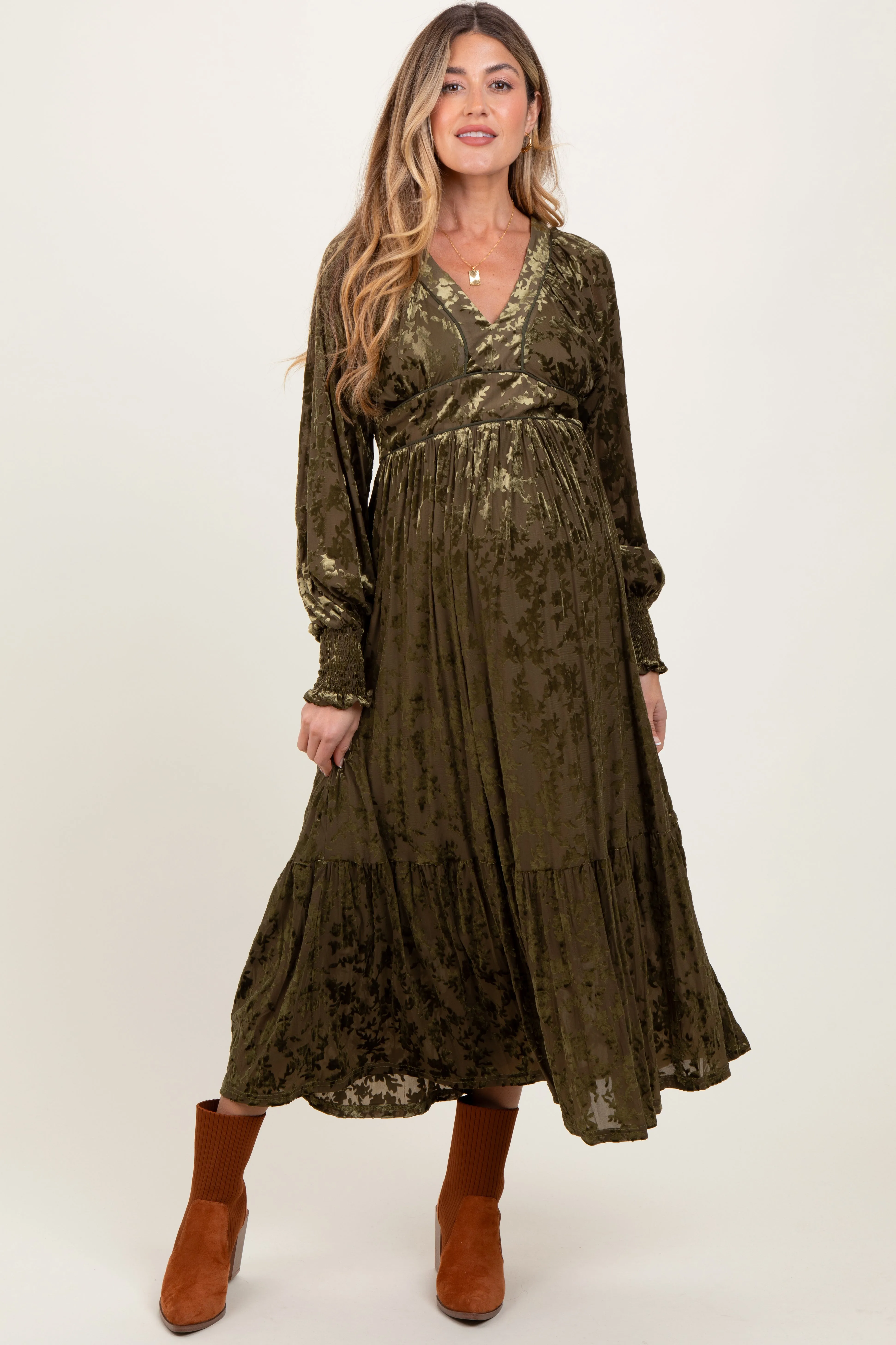 Olive Floral Velvet Overlay Maternity Maxi Dress sold by Pinkblush