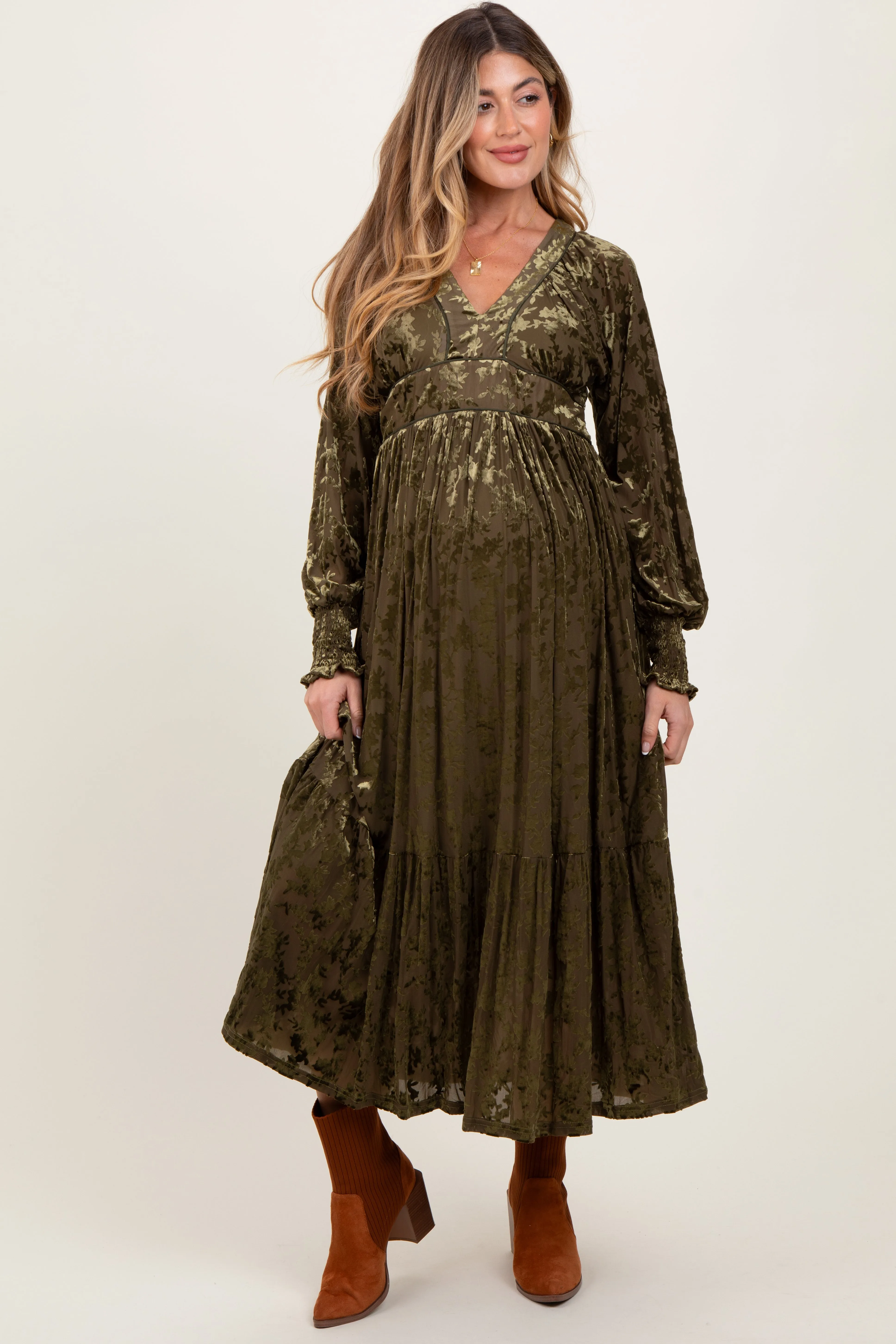 Olive Floral Velvet Overlay Maternity Maxi Dress sold by Pinkblush product image thumbnail 2