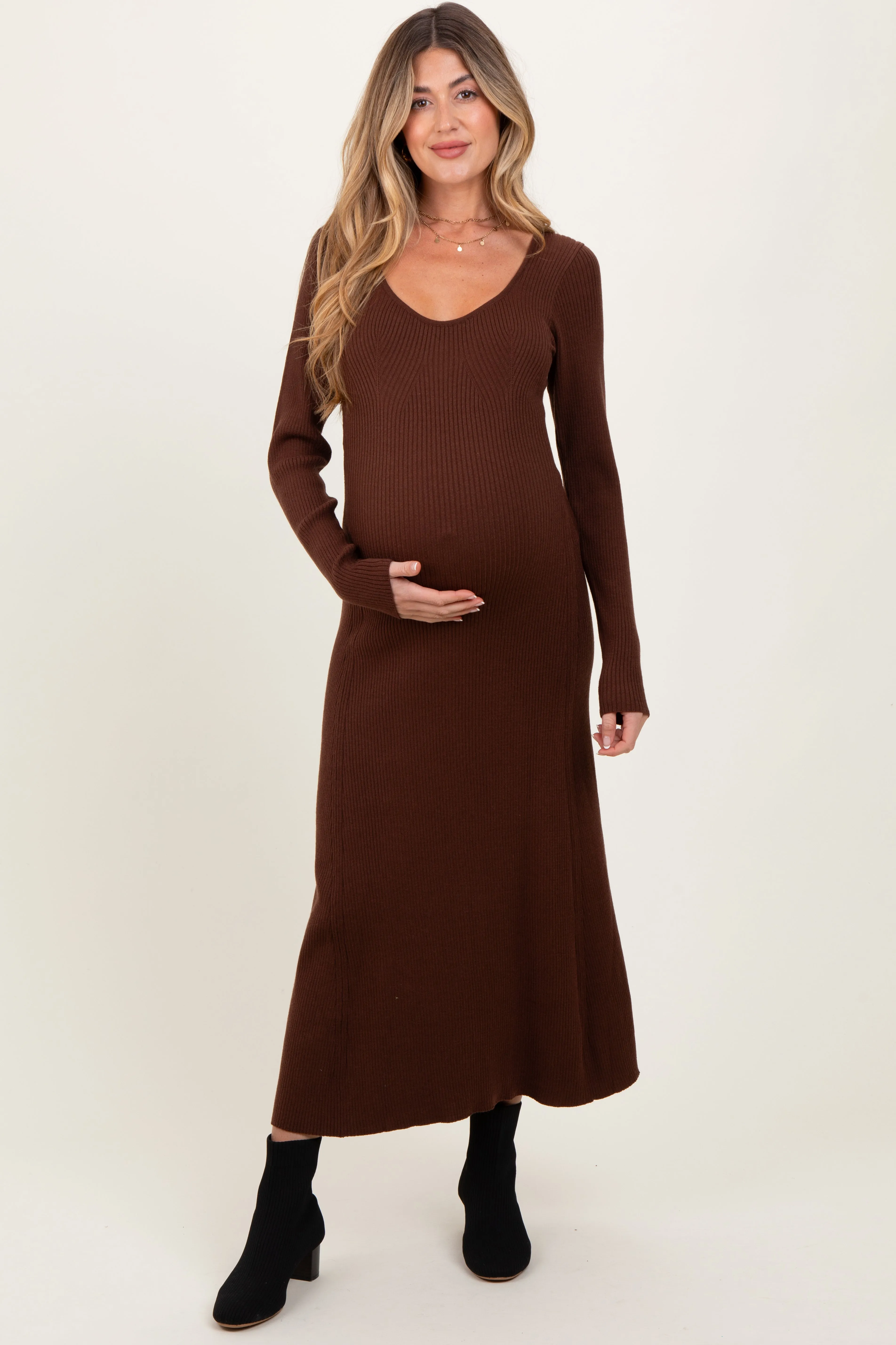 Brown Ribbed Knit Maternity Maxi Sweater Dress sold by Pinkblush