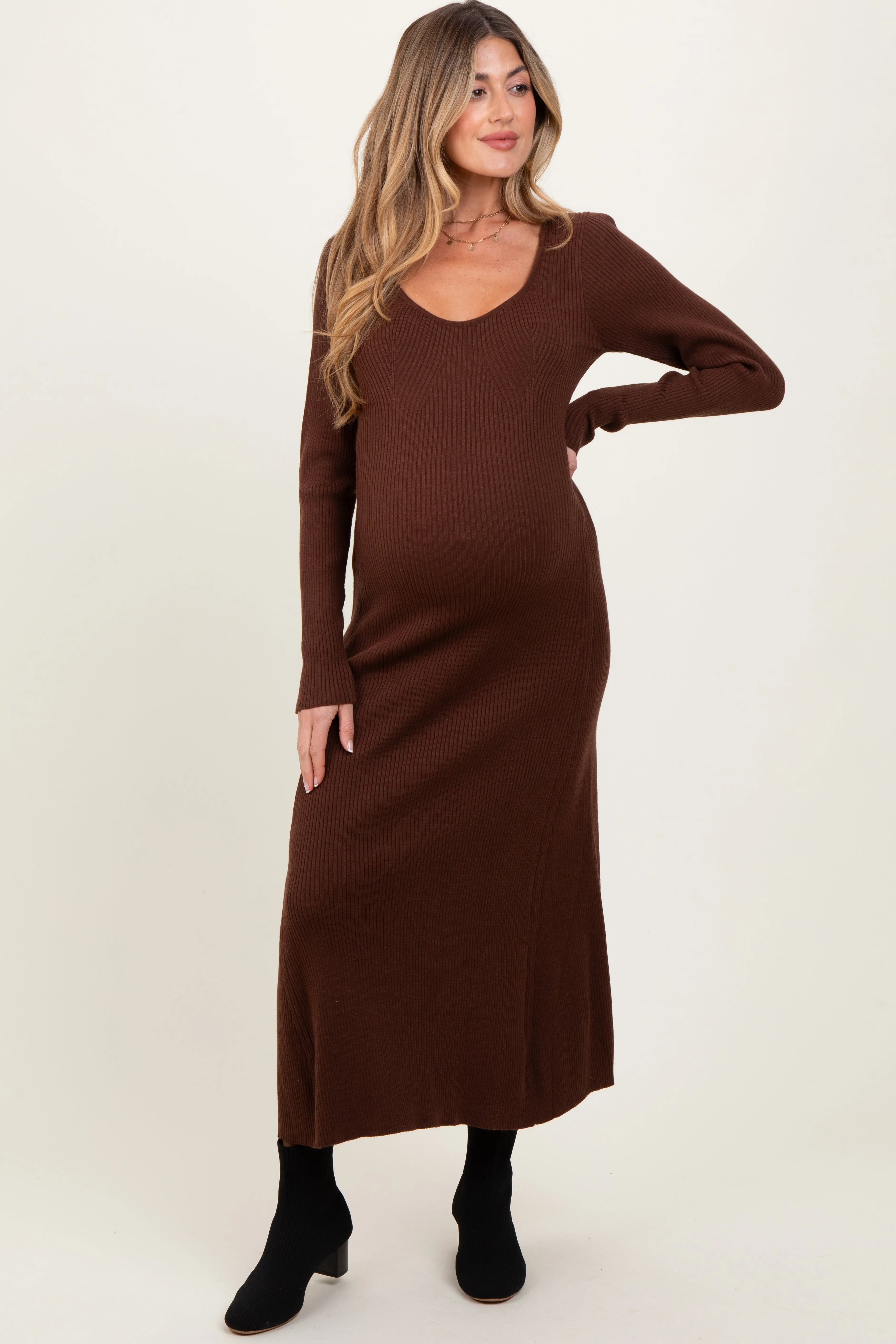 Brown Ribbed Knit Maternity Maxi Sweater Dress sold by Pinkblush product image thumbnail 2