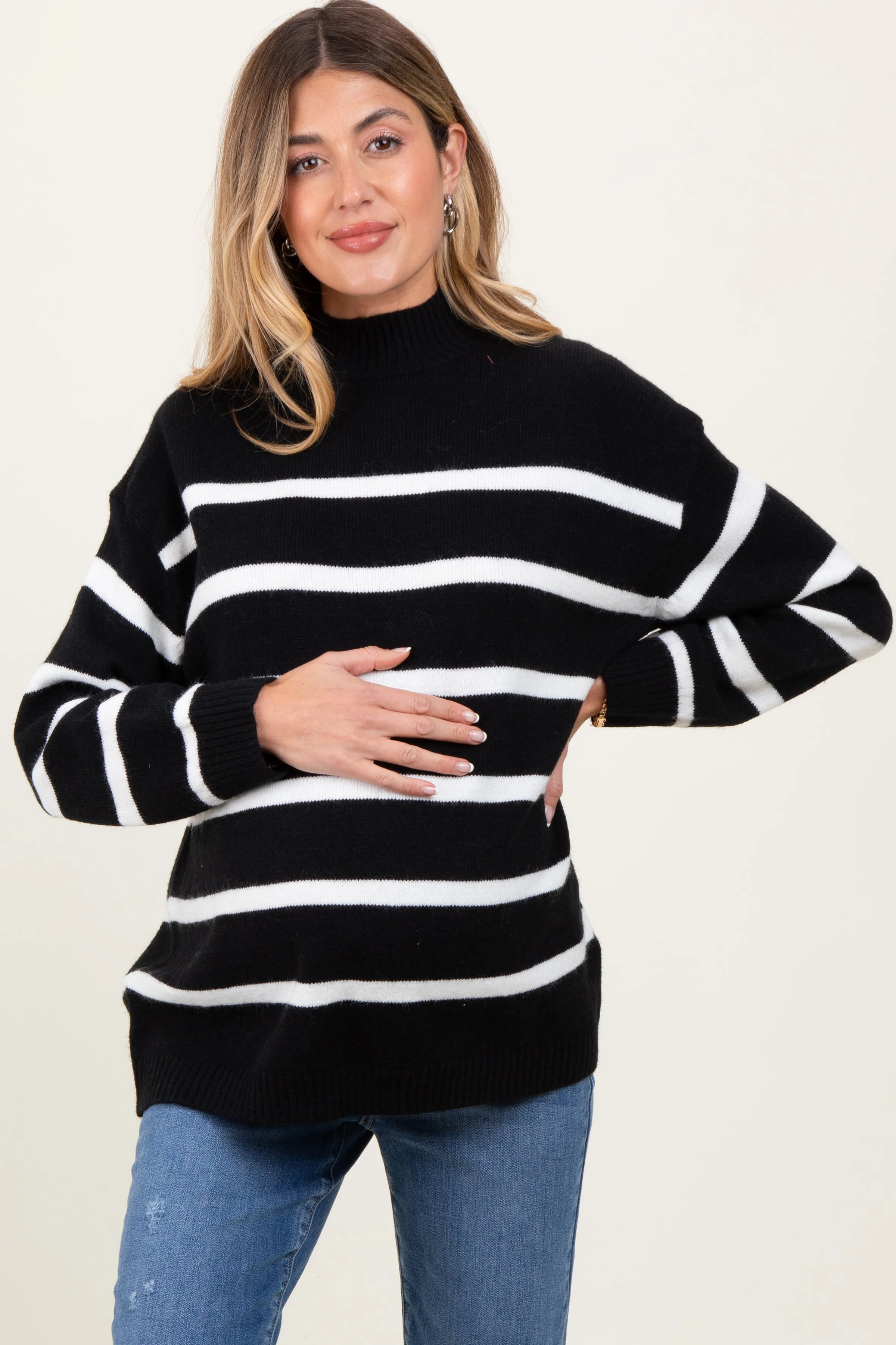 Black Striped Oversized Mock Neck Maternity Sweater sold by Pinkblush product image thumbnail 2