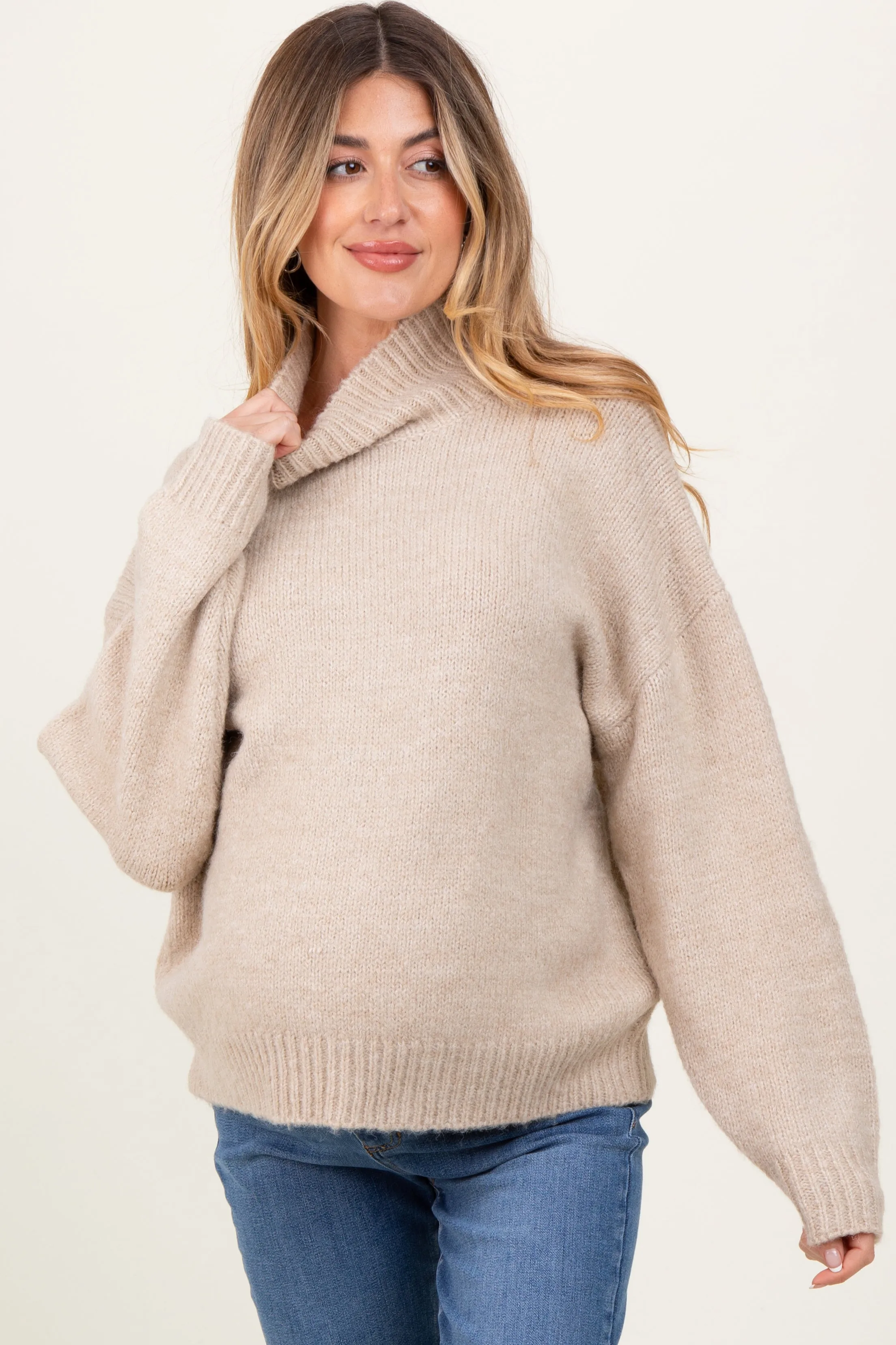 Cream Mock Neck Oversized Maternity Sweater sold by Pinkblush
