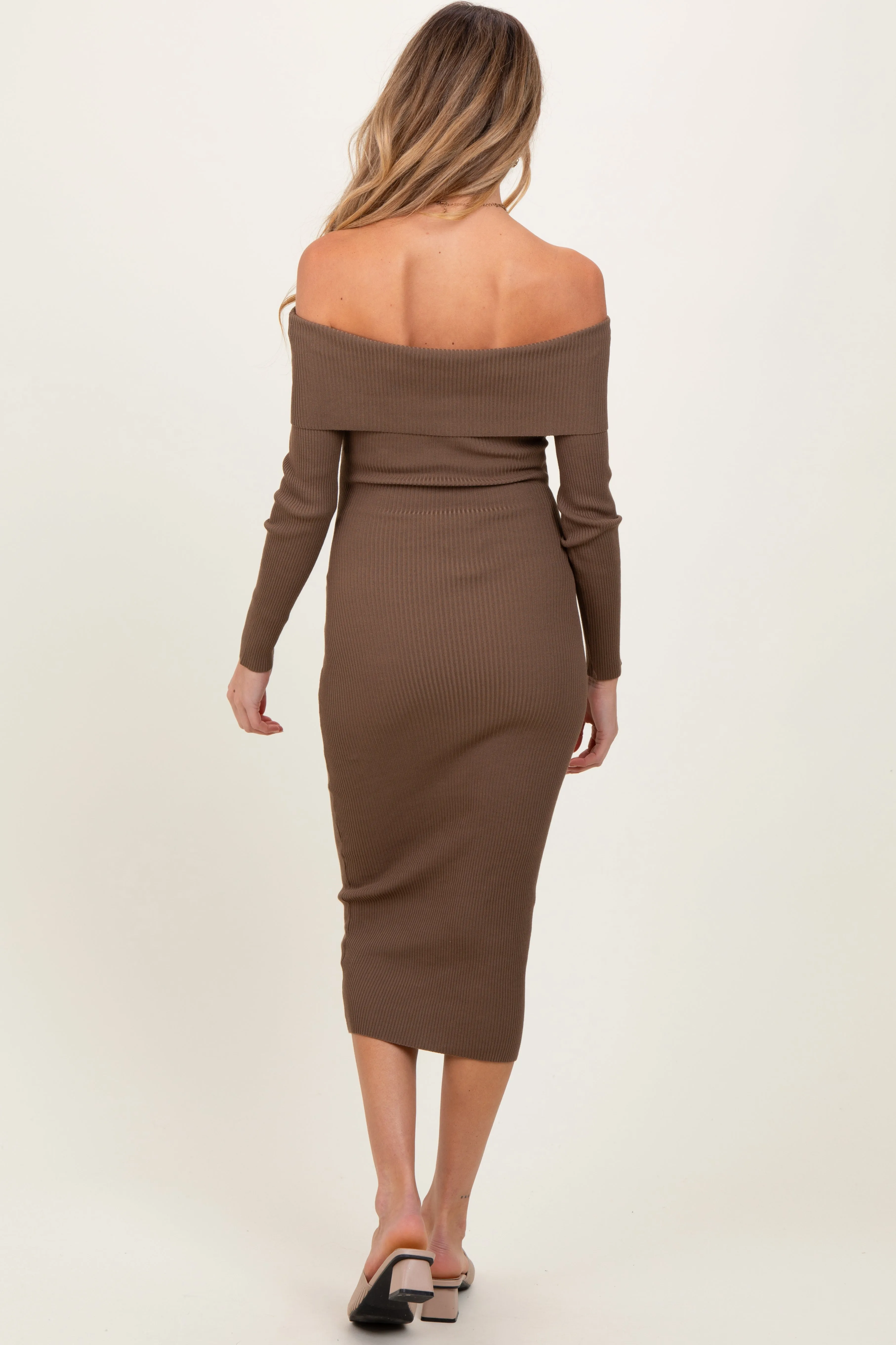 Brown Ribbed Knit Off Shoulder Fold Over Maternity Midi Dress sold by Pinkblush product image thumbnail 3