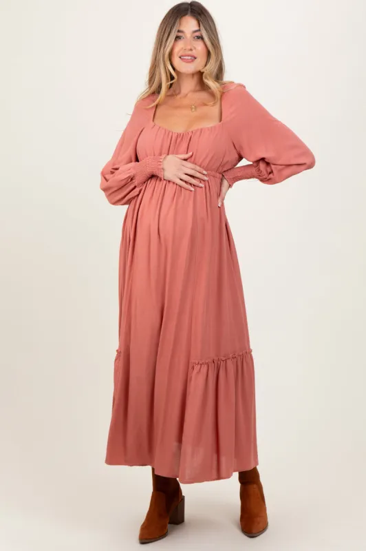 Mauve Square Neckline Bubble Sleeve Maternity Maxi Dress sold by Pinkblush