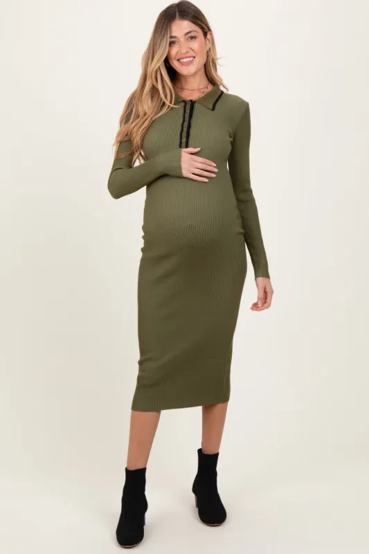 Olive Contrast Trim Ribbed Knit Button Up Maternity Midi Dress sold by Pinkblush