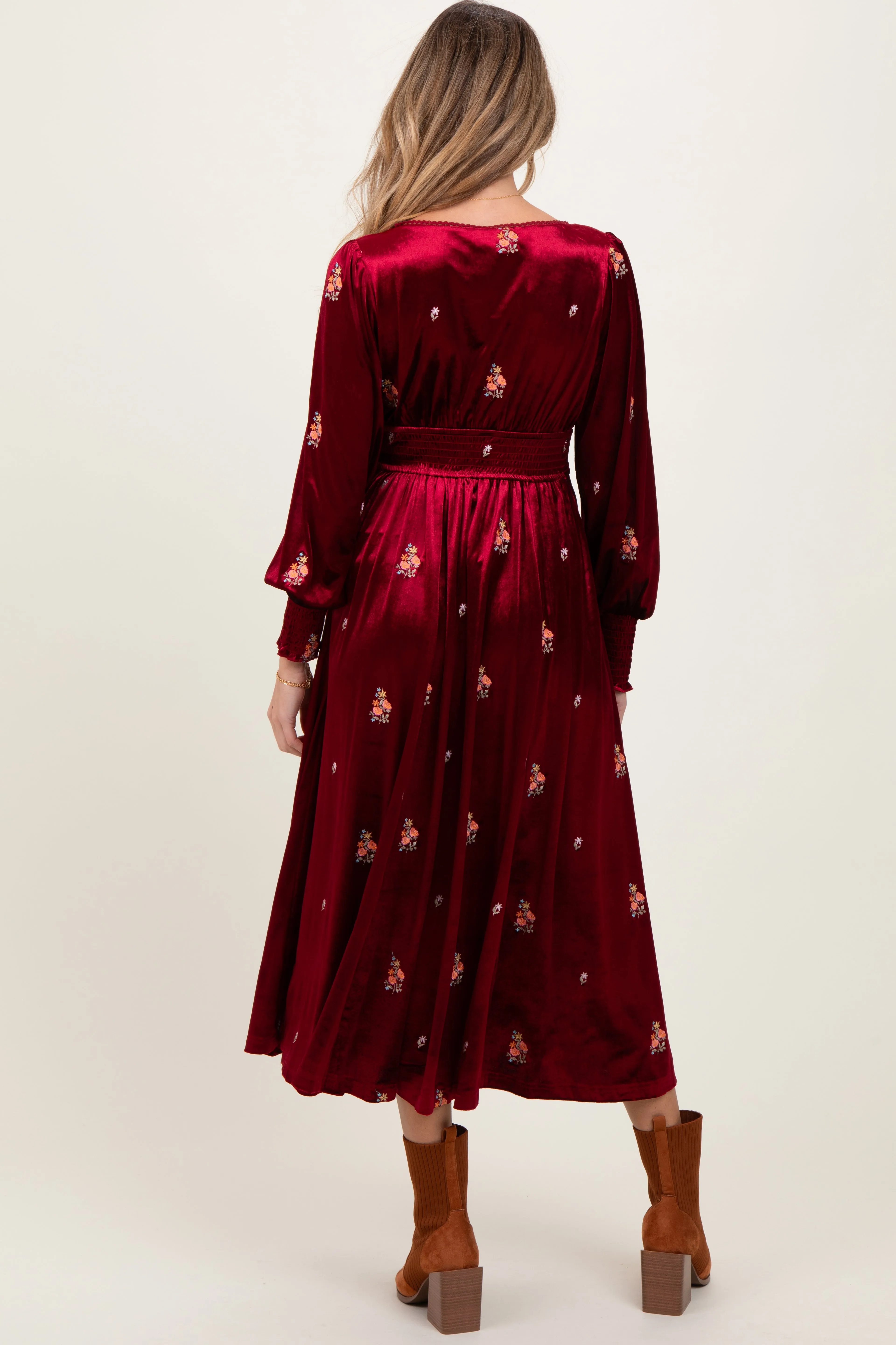 Red Velvet Embroidered Floral Maternity Midi Dress sold by Pinkblush product image thumbnail 3