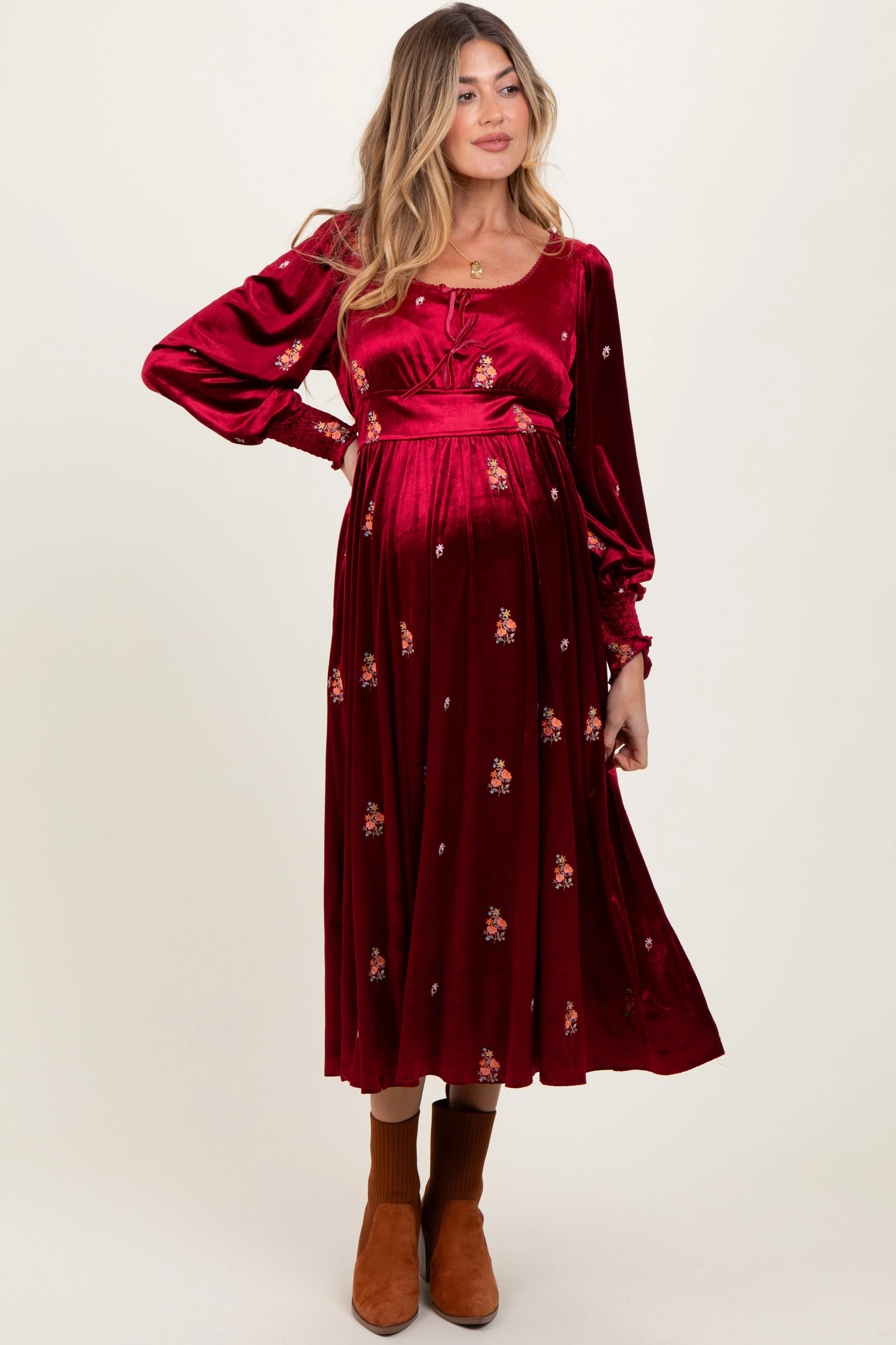 Red Velvet Embroidered Floral Maternity Midi Dress sold by Pinkblush