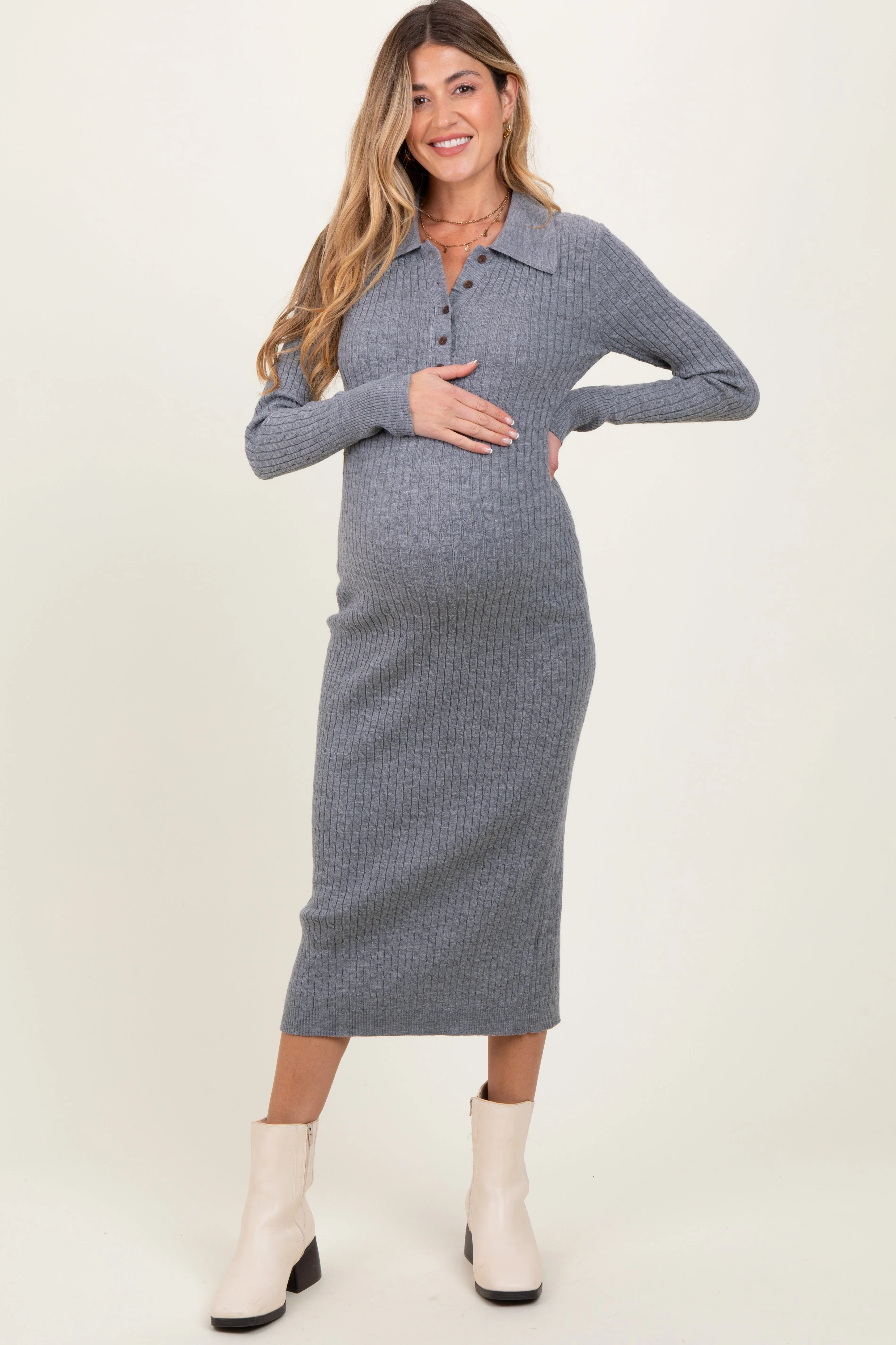 Heather Grey Cable Knit Button Up Maternity Midi Dress sold by Pinkblush product image thumbnail 2