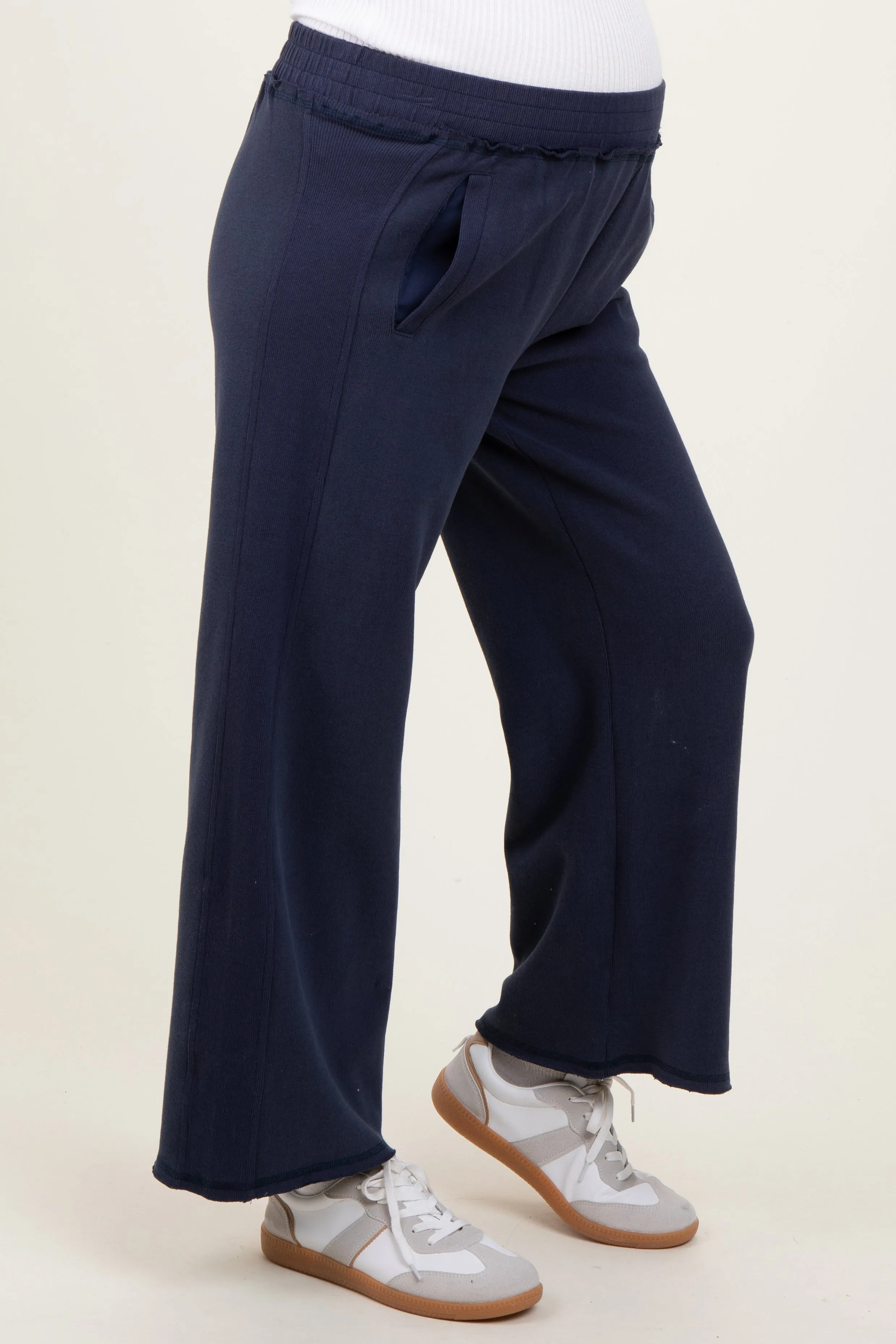 Navy Ribbed Side Panel Wide Leg Maternity Sweatpants sold by Pinkblush product image thumbnail 4