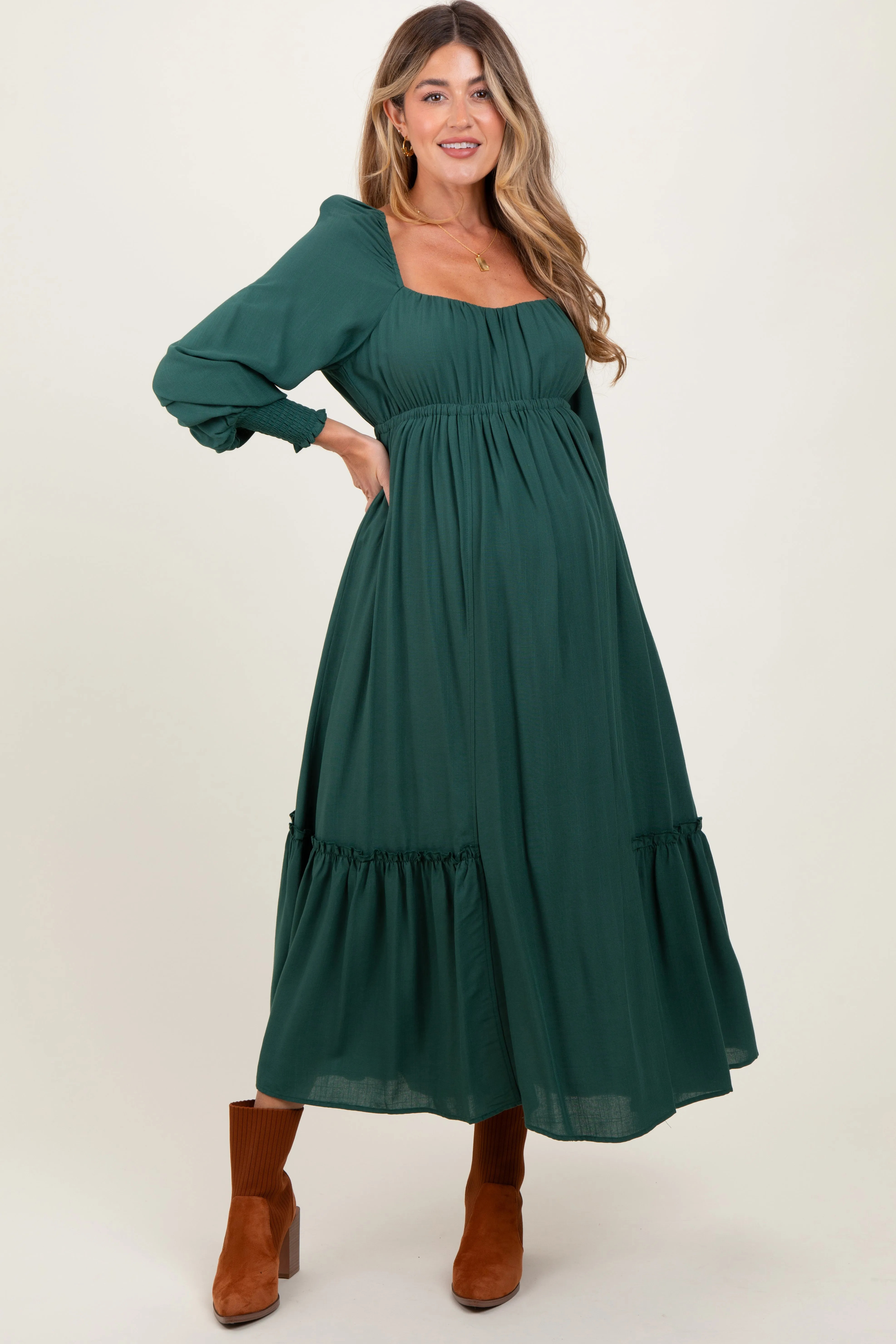 Forest Green Square Neckline Bubble Sleeve Maternity Maxi Dress sold by Pinkblush product image thumbnail 2
