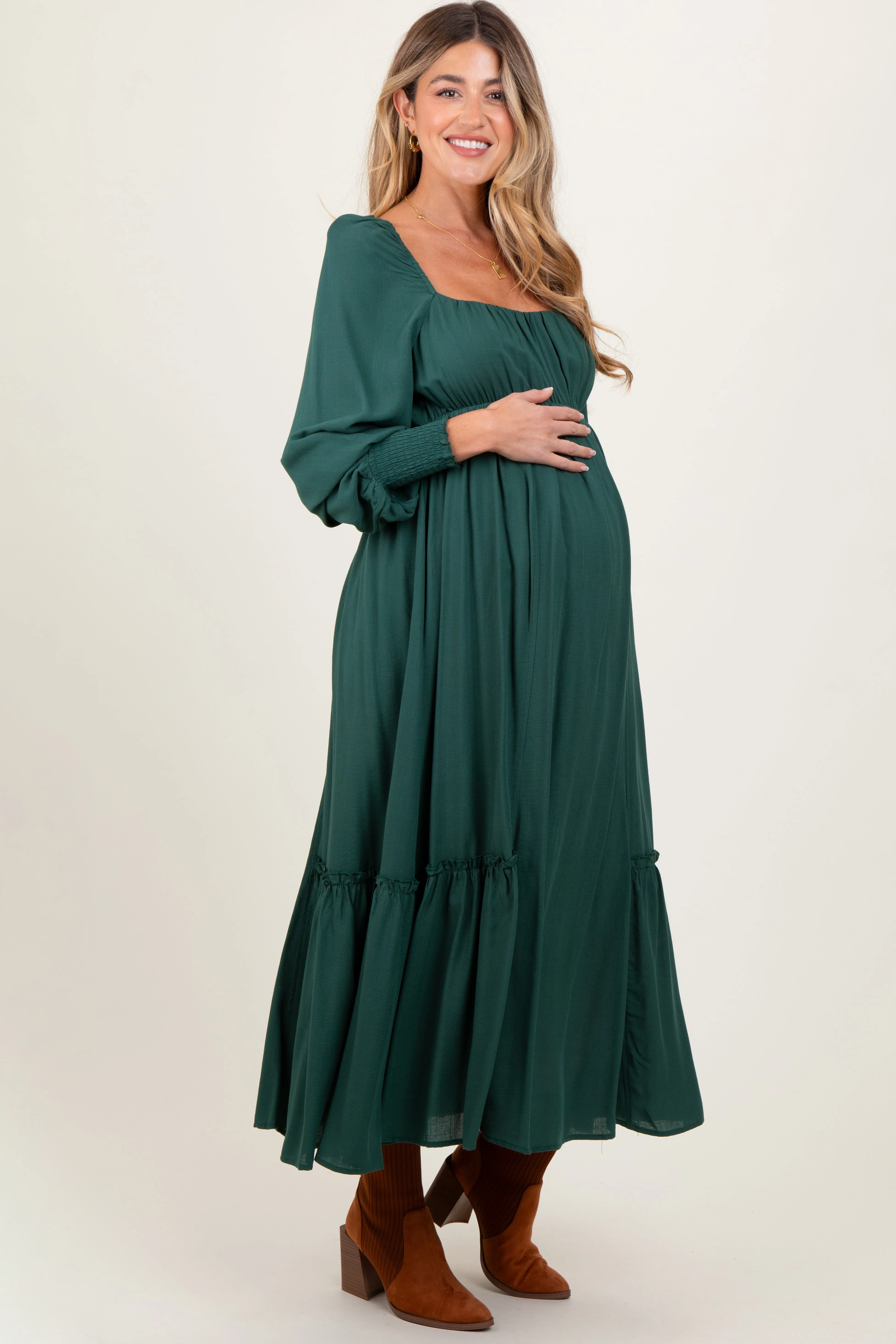 Forest Green Square Neckline Bubble Sleeve Maternity Maxi Dress sold by Pinkblush product image thumbnail 3