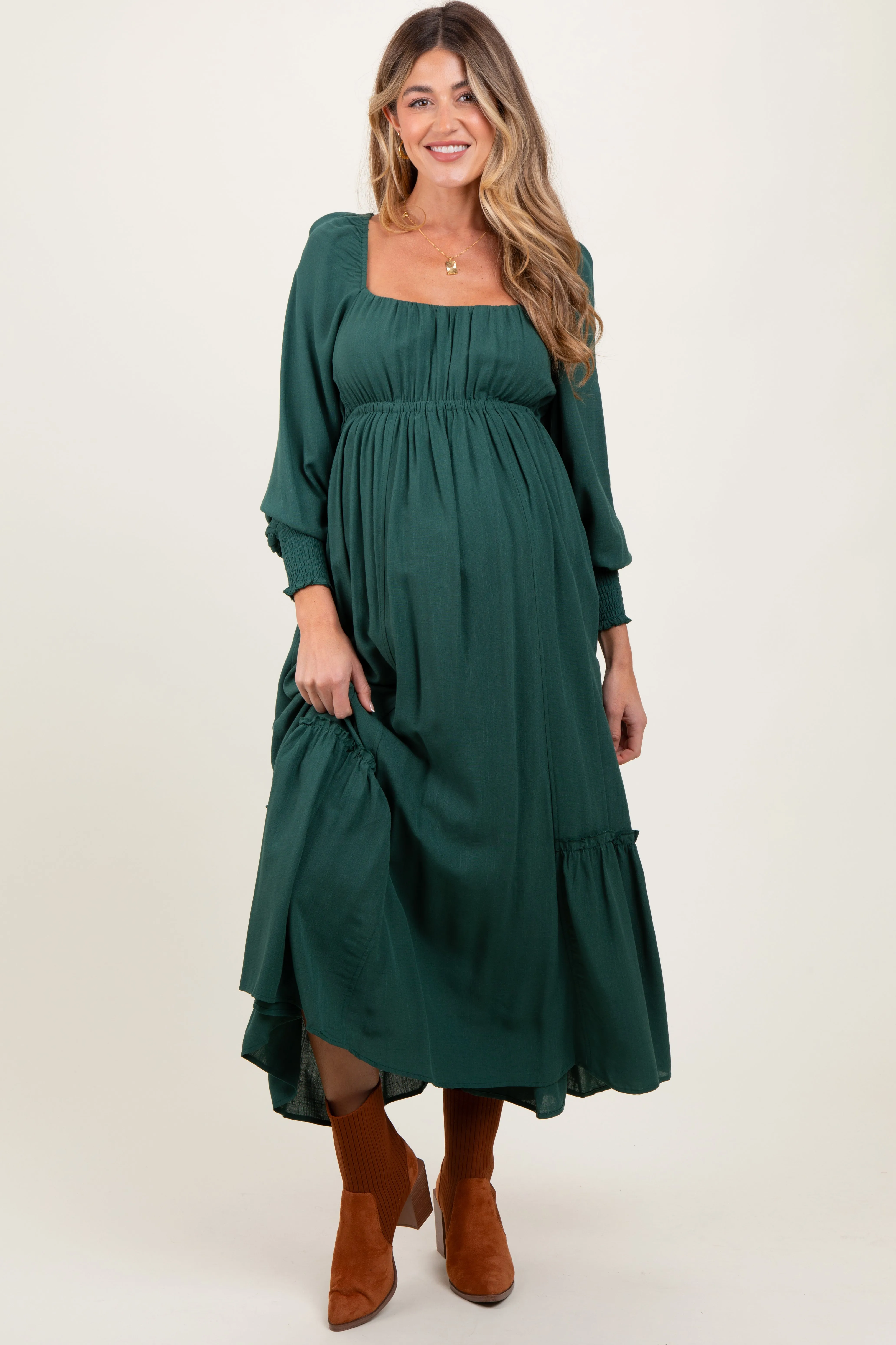 Forest Green Square Neckline Bubble Sleeve Maternity Maxi Dress sold by Pinkblush