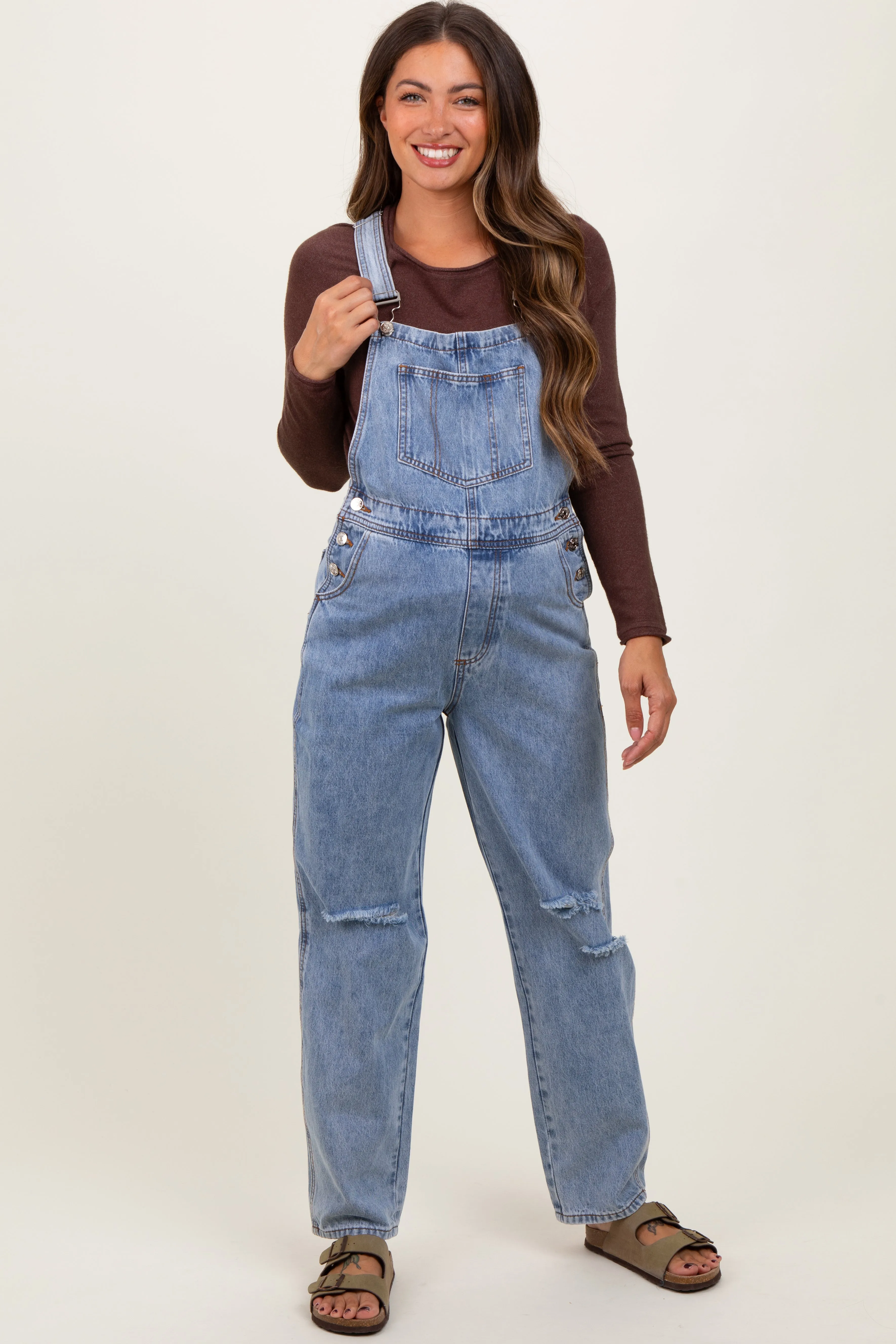 Blue Distressed Denim Maternity Overalls sold by Pinkblush