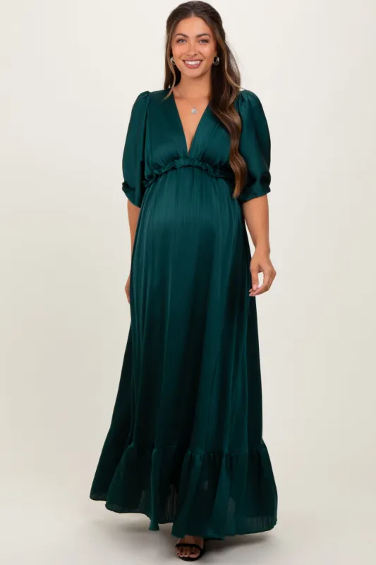 Forest Green Striped Ruffle Accent Maternity Maxi Dress sold by Pinkblush