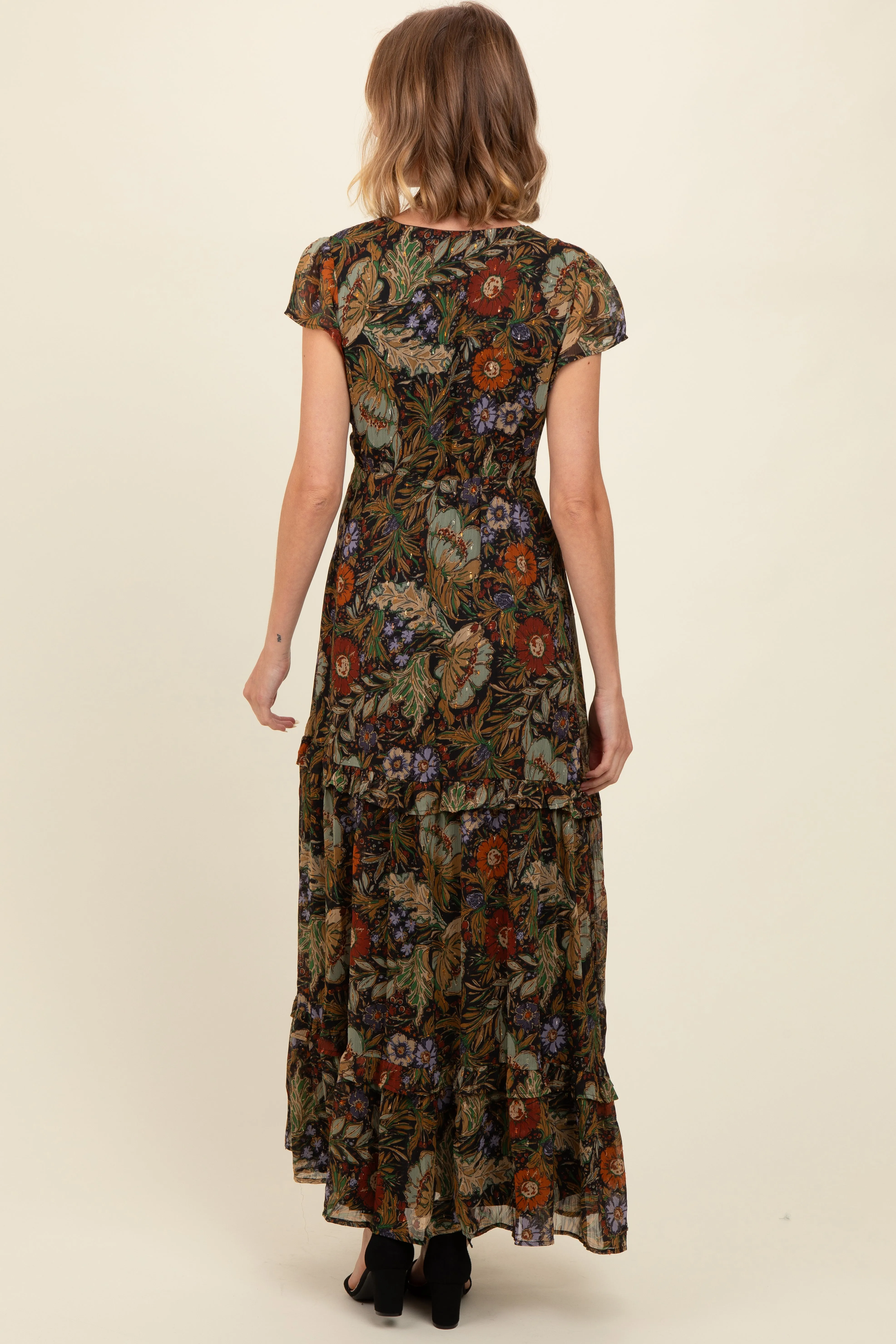 Black Floral Deep V-Neck Tiered Maxi Dress sold by Pinkblush product image thumbnail 3