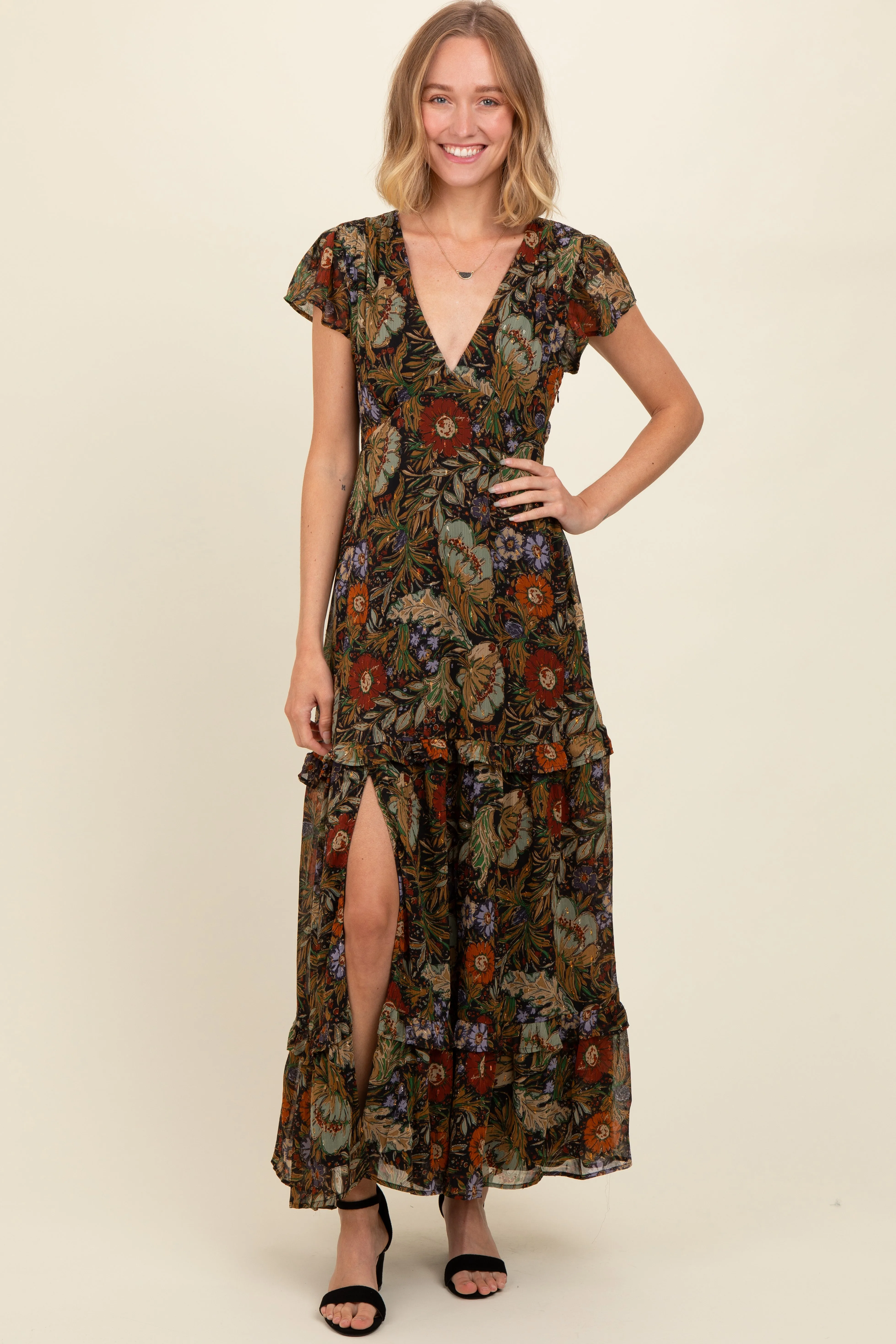 Black Floral Deep V-Neck Tiered Maxi Dress sold by Pinkblush