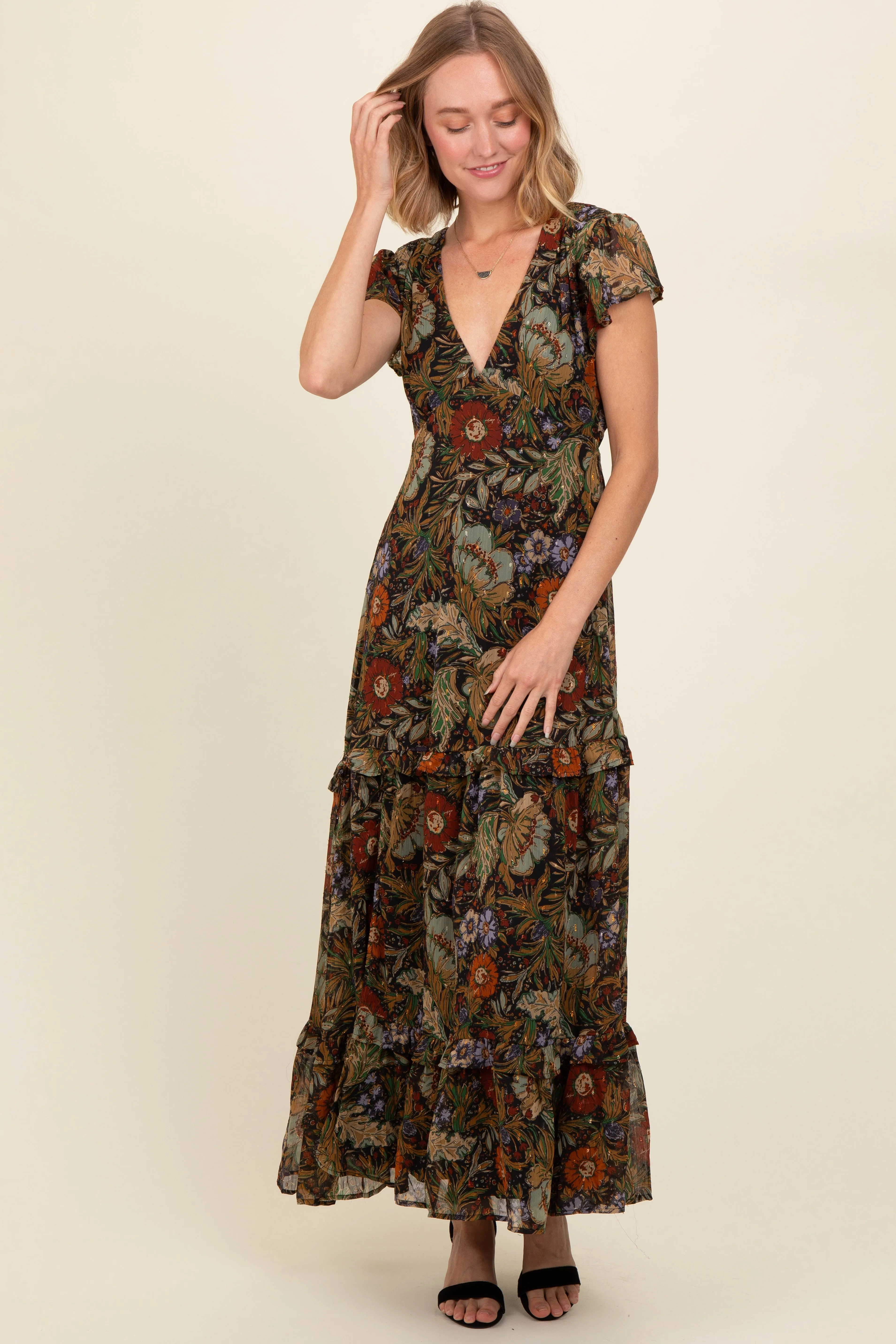 Black Floral Deep V-Neck Tiered Maxi Dress sold by Pinkblush product image thumbnail 4