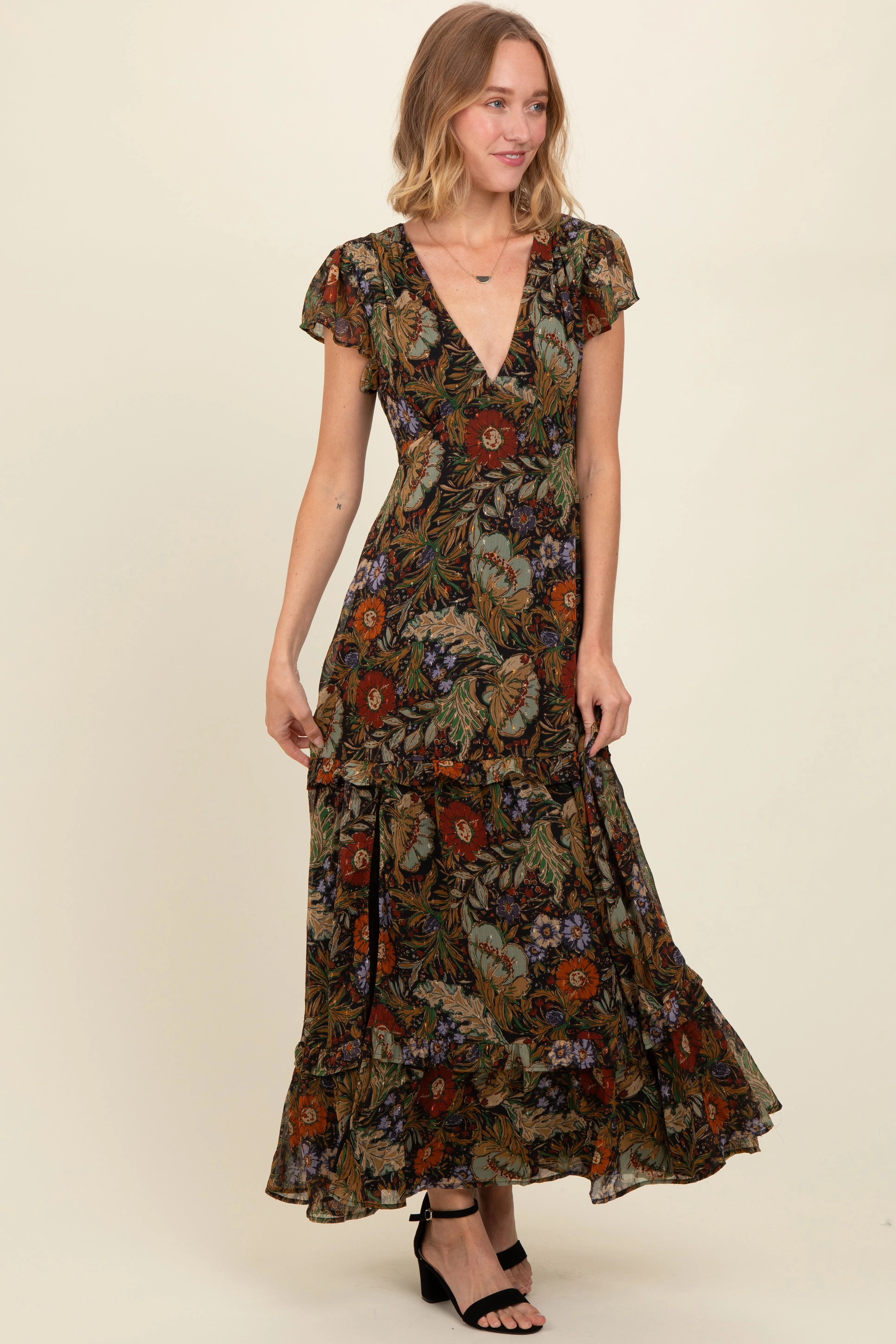 Black Floral Deep V-Neck Tiered Maxi Dress sold by Pinkblush product image thumbnail 2