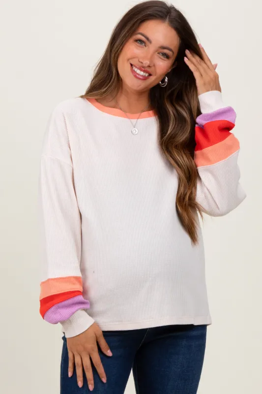 Cream Waffle Knit Colorblock Long Sleeve Maternity Top sold by Pinkblush