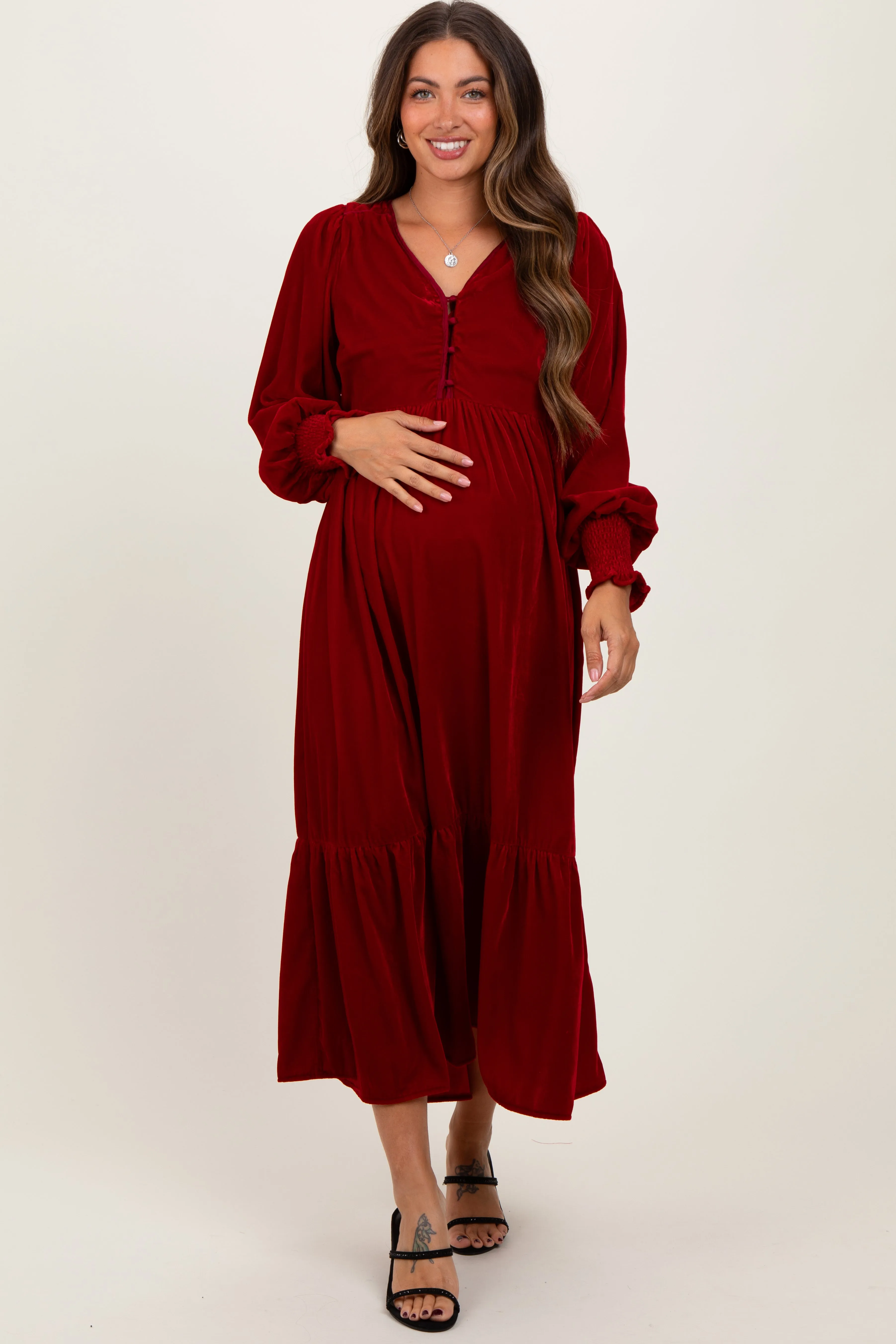 Burgundy Velvet Button Accent Smocked Sleeve Maternity Midi Dress sold by Pinkblush
