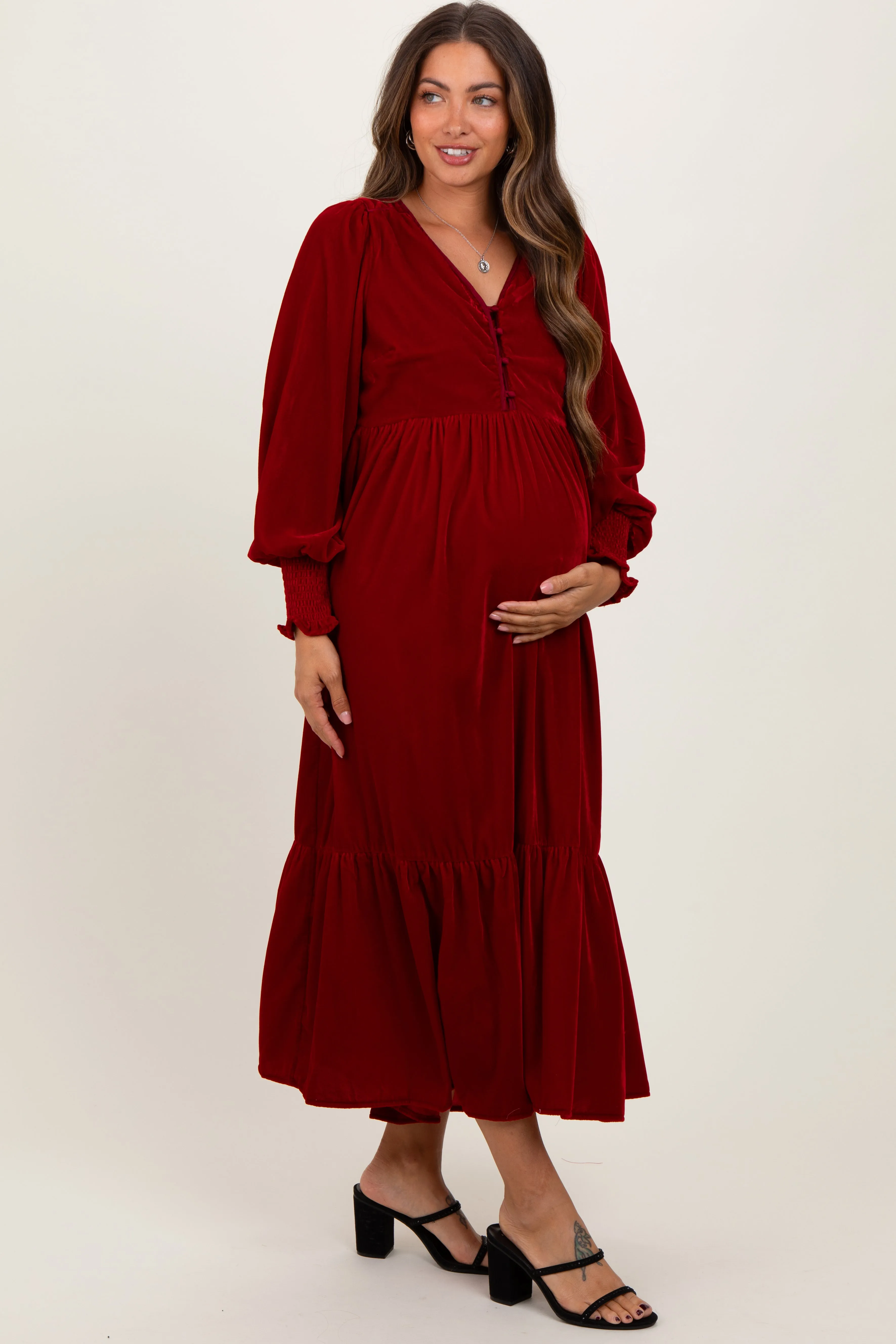 Burgundy Velvet Button Accent Smocked Sleeve Maternity Midi Dress sold by Pinkblush product image thumbnail 2
