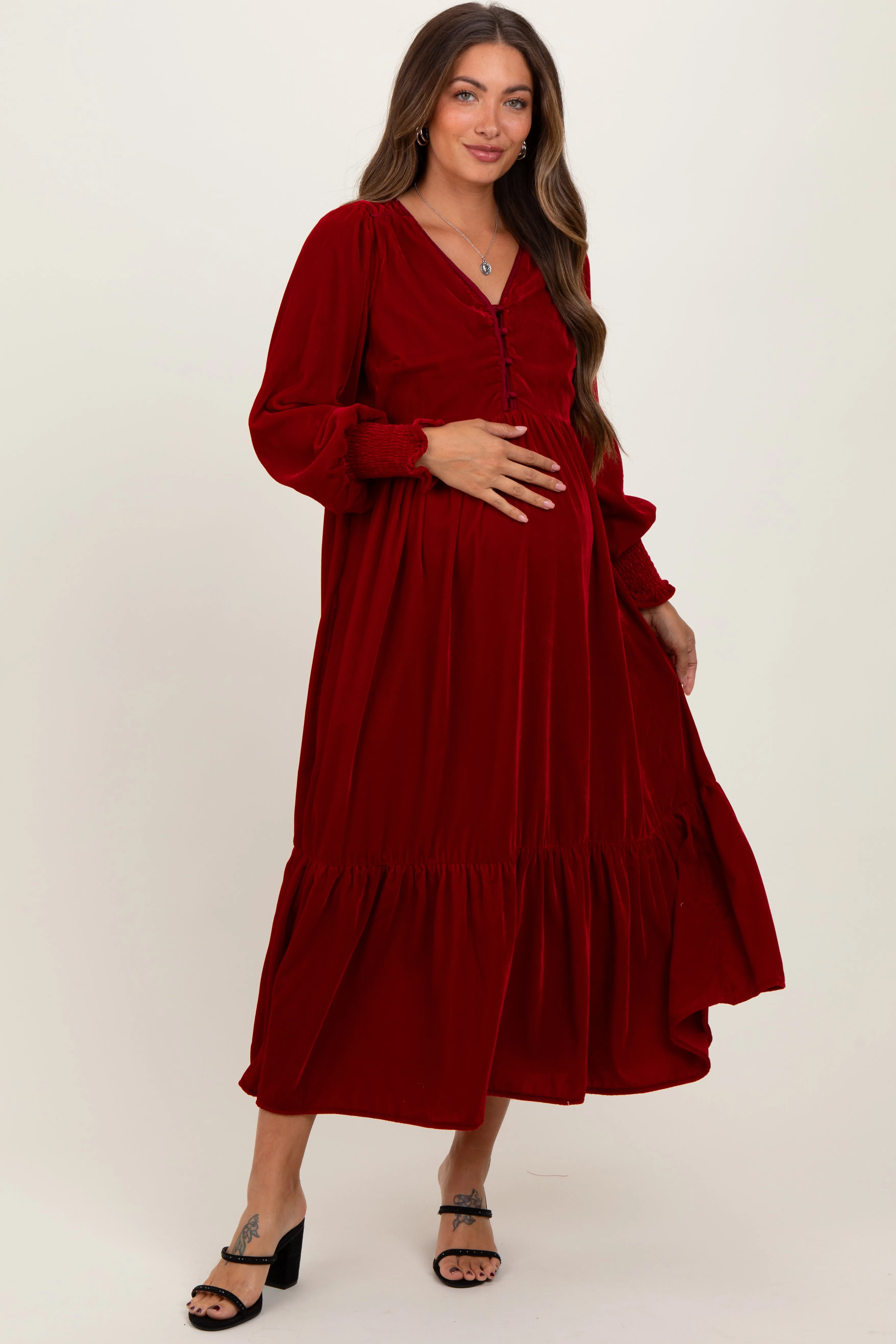 Burgundy Velvet Button Accent Smocked Sleeve Maternity Midi Dress sold by Pinkblush product image thumbnail 3