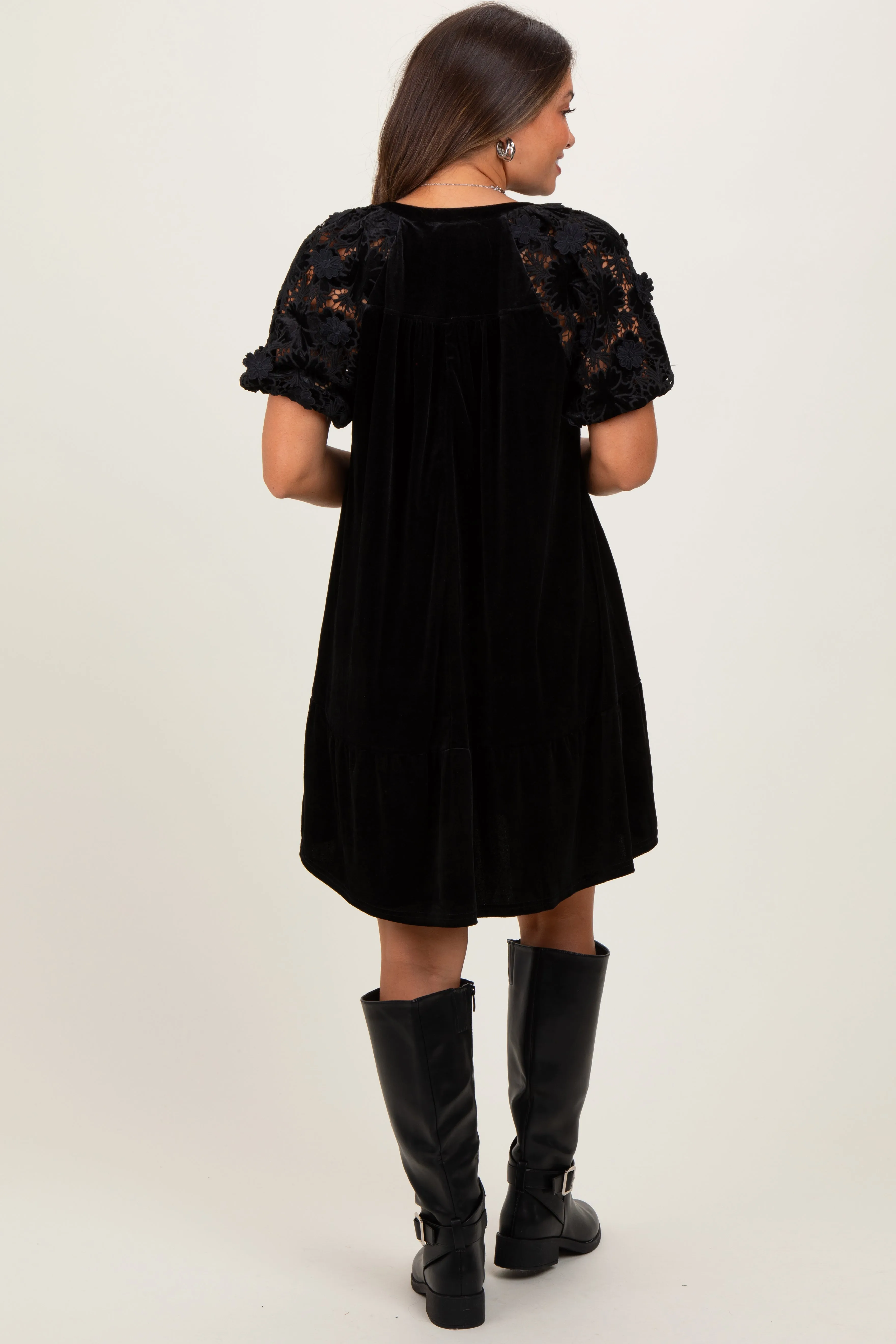 Black Velvet Floral Lace Short Sleeve Maternity Dress sold by Pinkblush product image thumbnail 4
