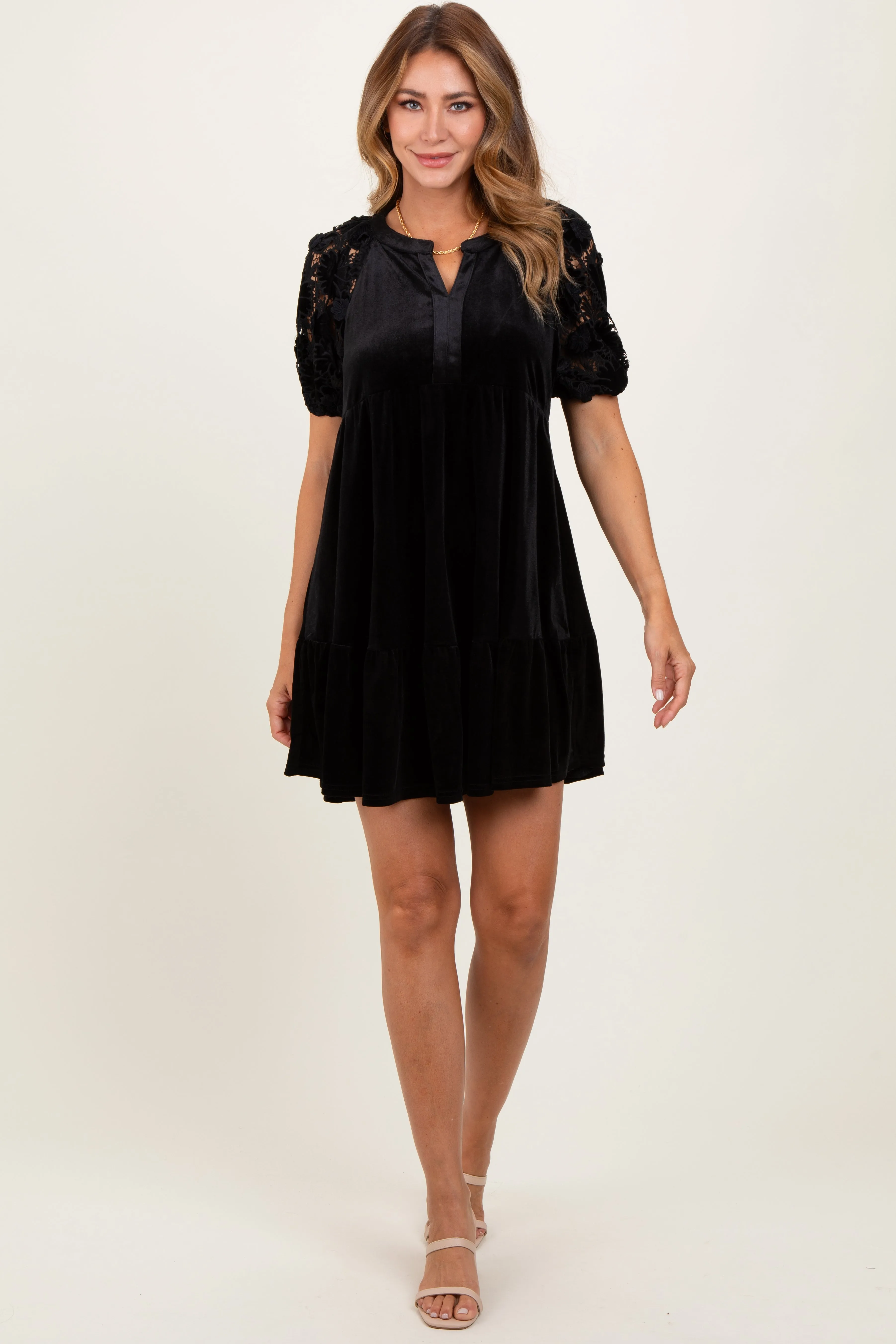 Black Velvet Floral Lace Short Sleeve Maternity Dress sold by Pinkblush product image thumbnail 5