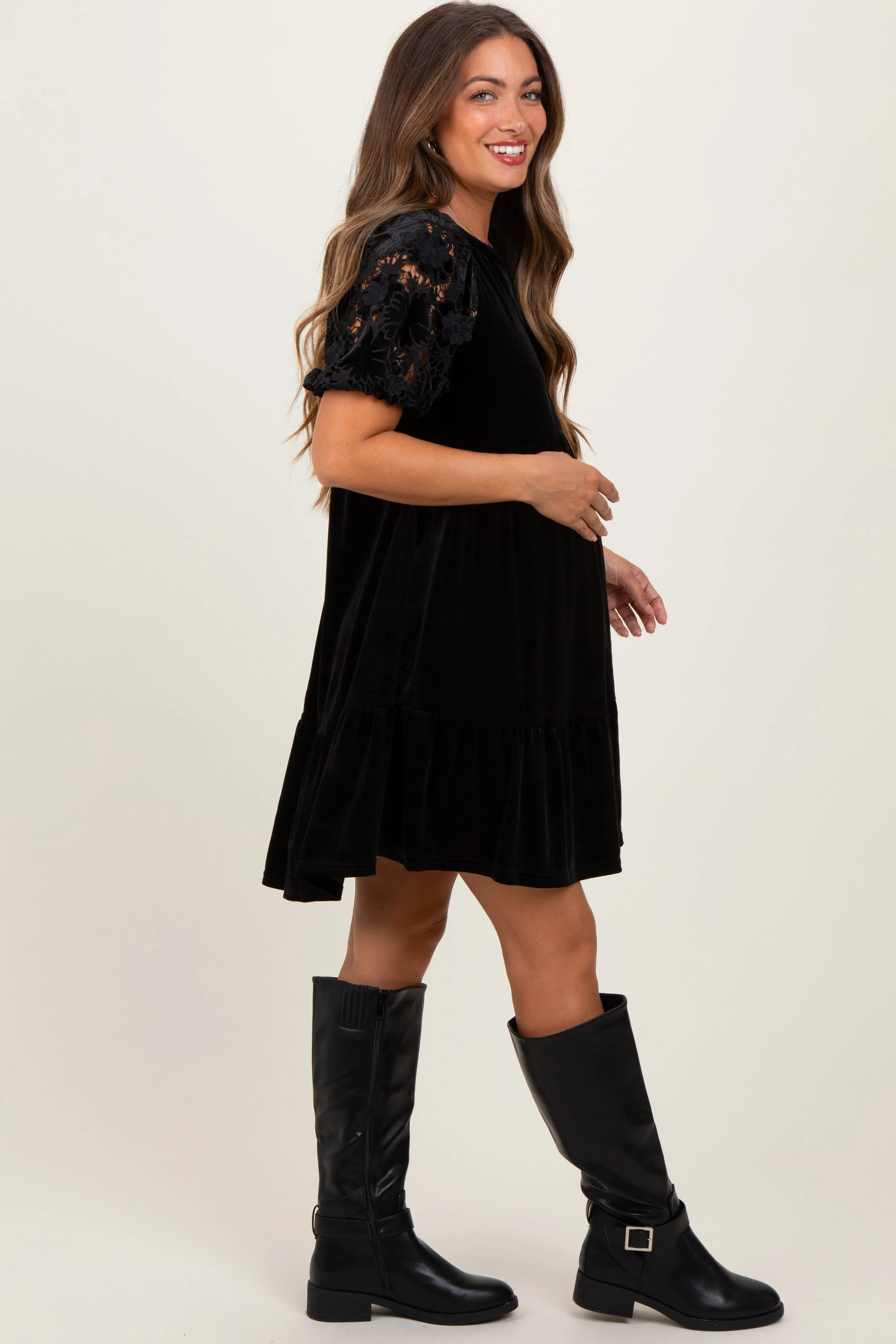Black Velvet Floral Lace Short Sleeve Maternity Dress sold by Pinkblush product image thumbnail 3