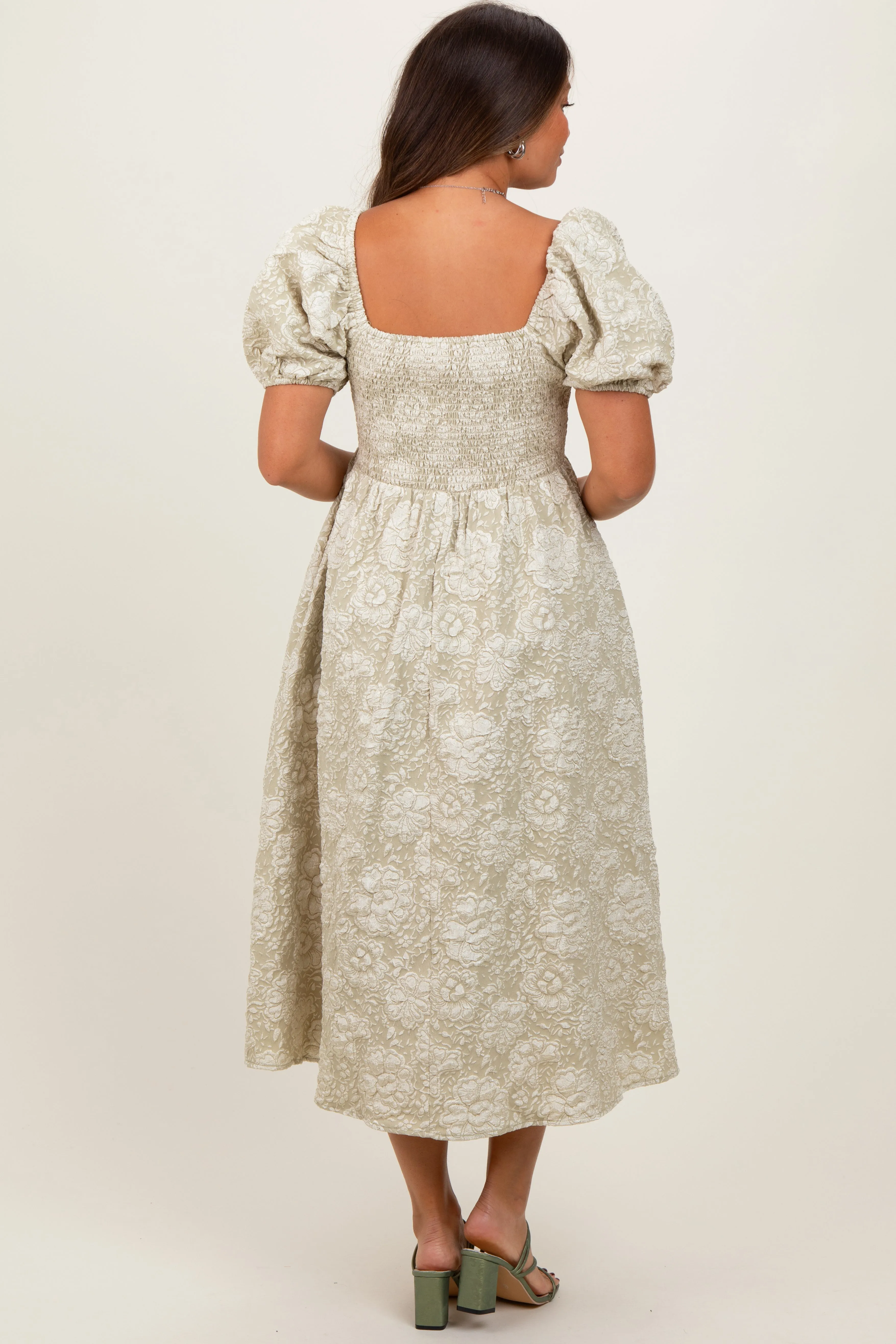 Light Olive Floral Jacquard Knit Puff Sleeves Maternity Midi Dress sold by Pinkblush product image thumbnail 4