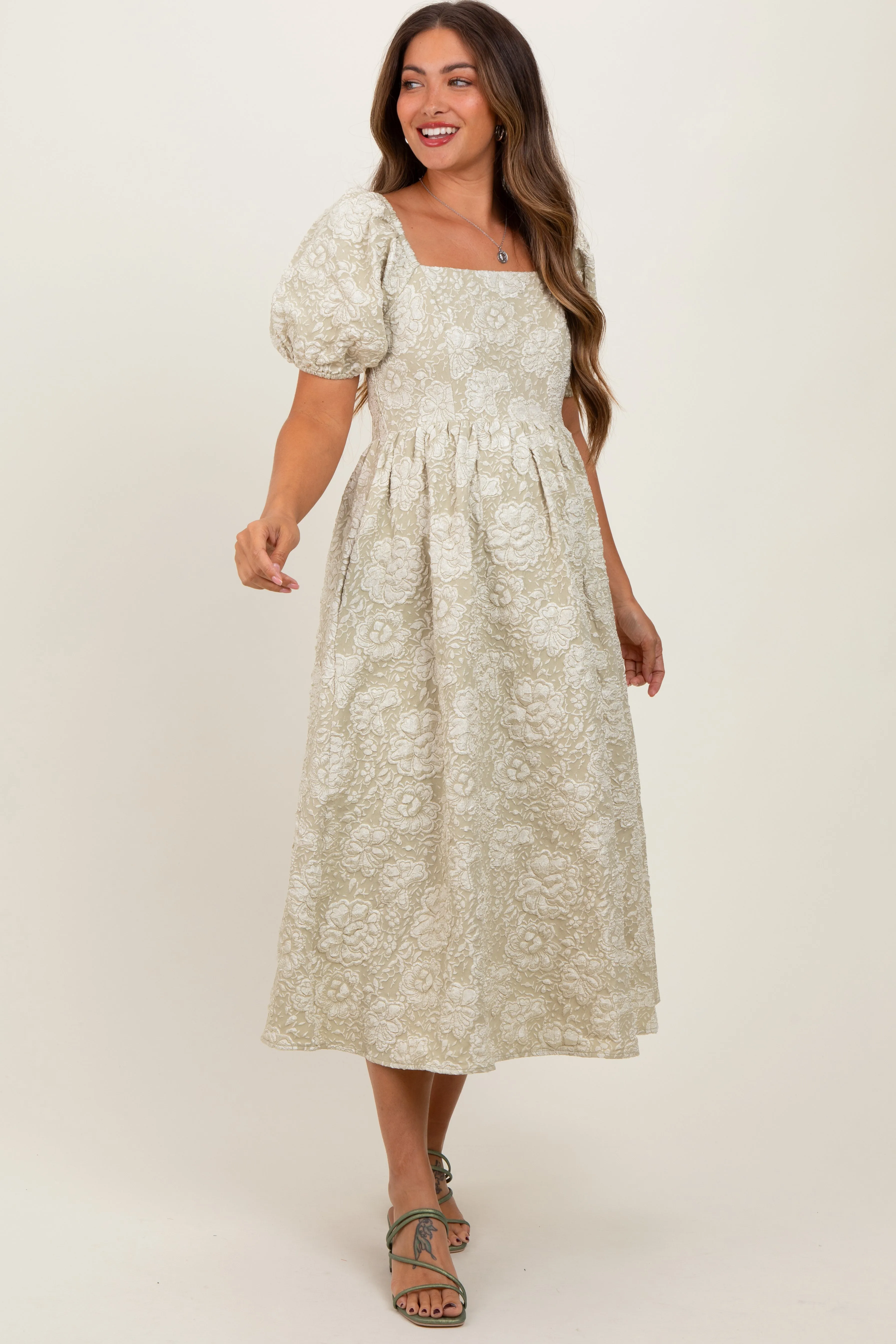 Light Olive Floral Jacquard Knit Puff Sleeves Maternity Midi Dress sold by Pinkblush