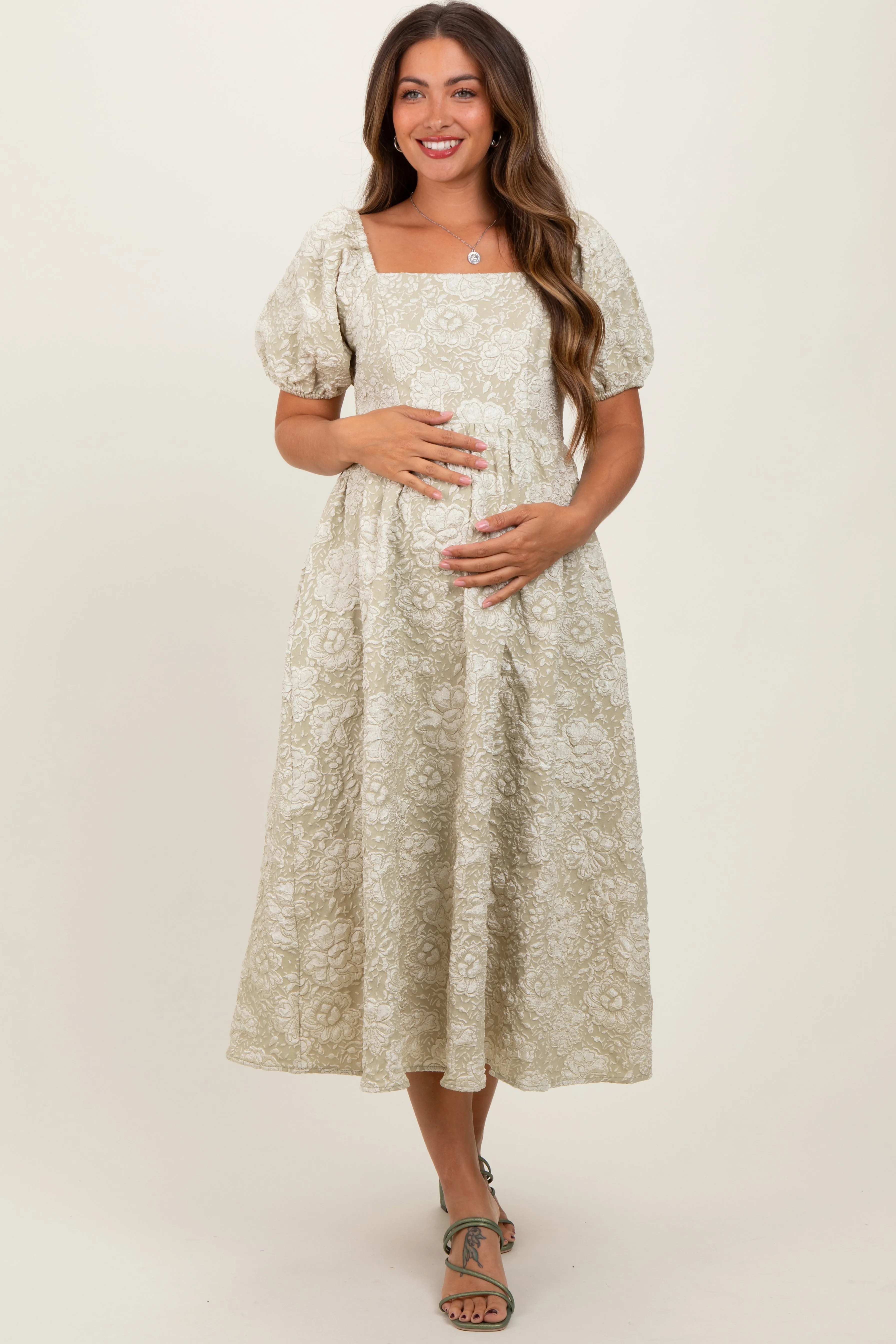 Light Olive Floral Jacquard Knit Puff Sleeves Maternity Midi Dress sold by Pinkblush product image thumbnail 2