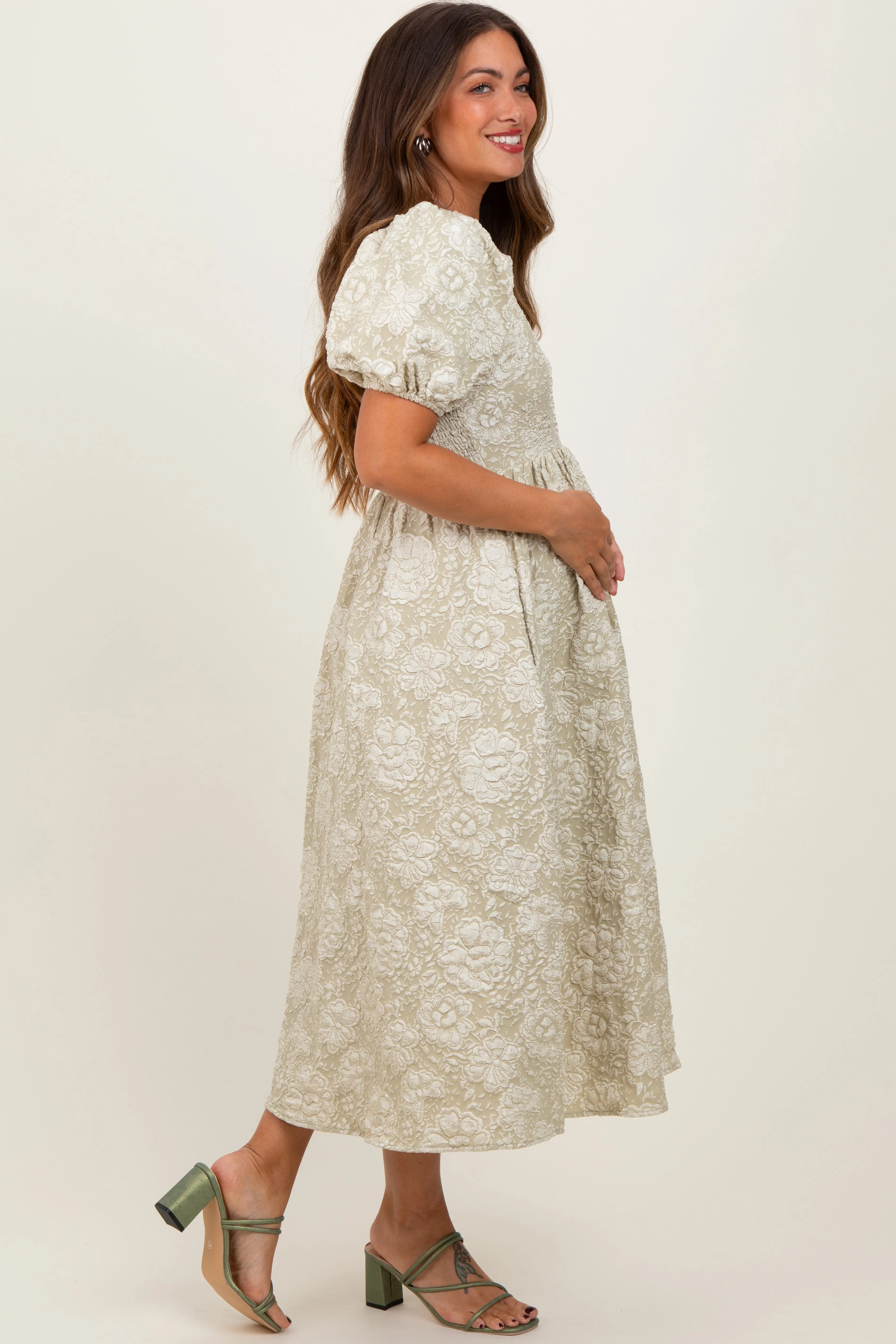 Light Olive Floral Jacquard Knit Puff Sleeves Maternity Midi Dress sold by Pinkblush product image thumbnail 3