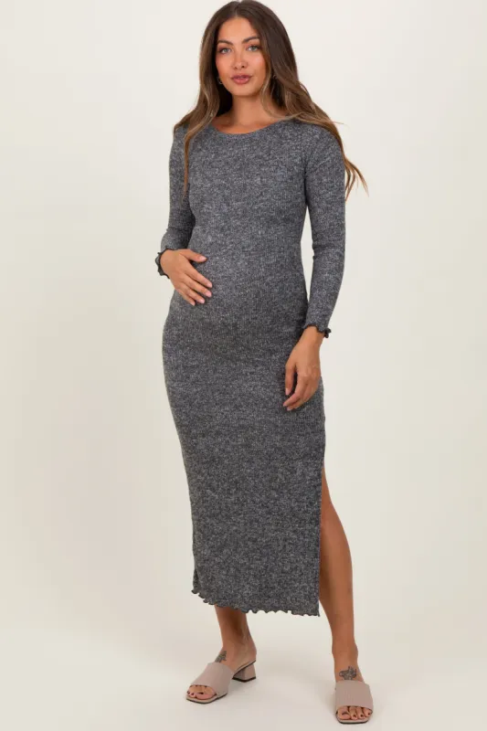 Charcoal Knit Side Slit Lettuce Trim Maternity Maxi Dress sold by Pinkblush